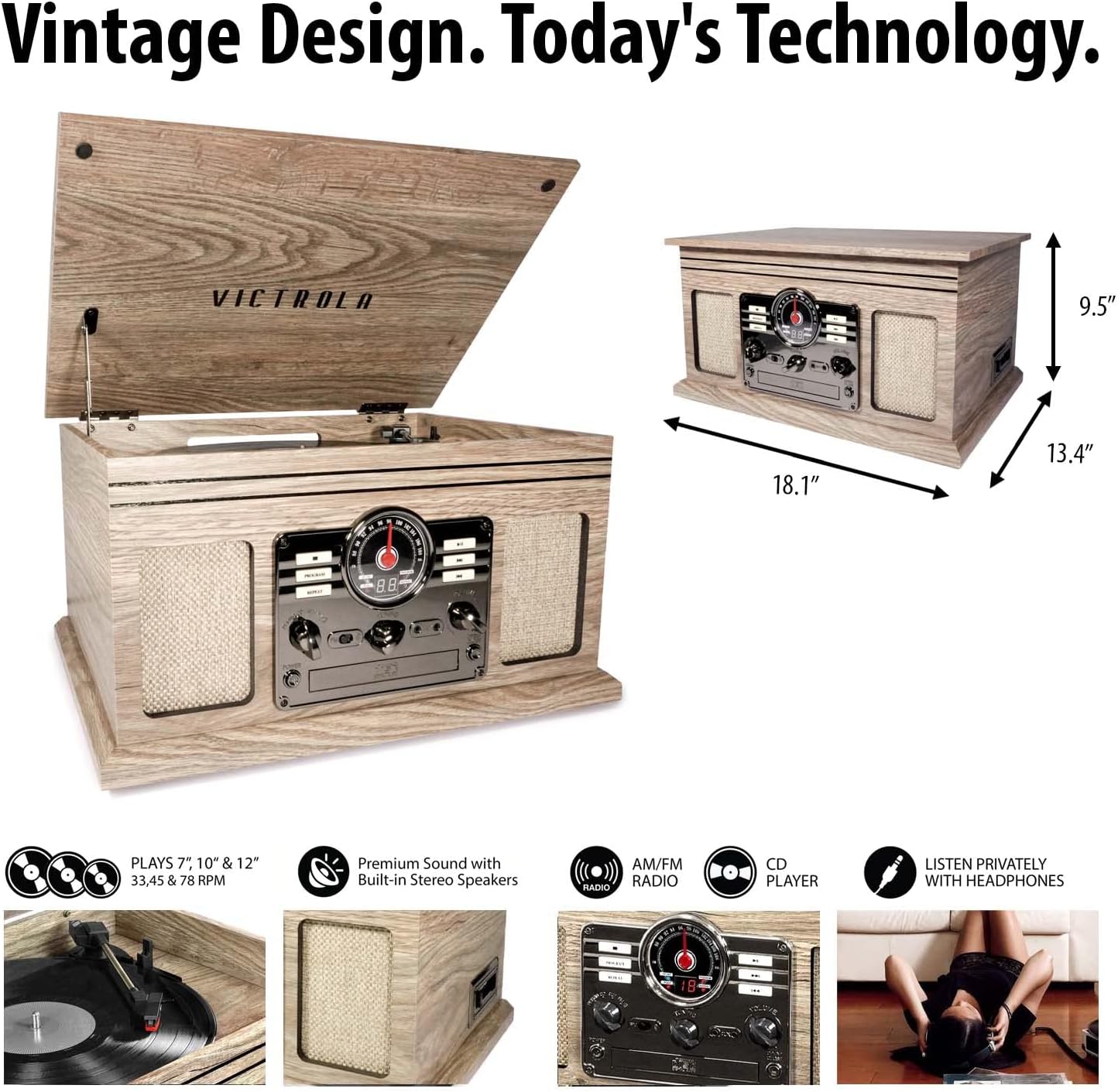 Victrola Nostalgic 6-in-1 Bluetooth Report Player & Multimedia Center with Built-in Speakers - 3-Speed Turntable, CD & Cassette Player, FM Radio | Wireless Music Streaming | Mahogany