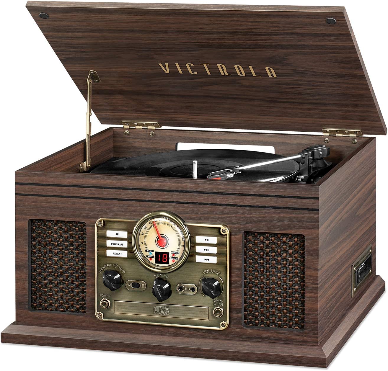 Victrola Nostalgic 6-in-1 Bluetooth Account Player & Multimedia Center with Built-in Speakers - 3-Speed Turntable, CD & Cassette Player, FM Radio | Wireless Music Streaming | Mahogany