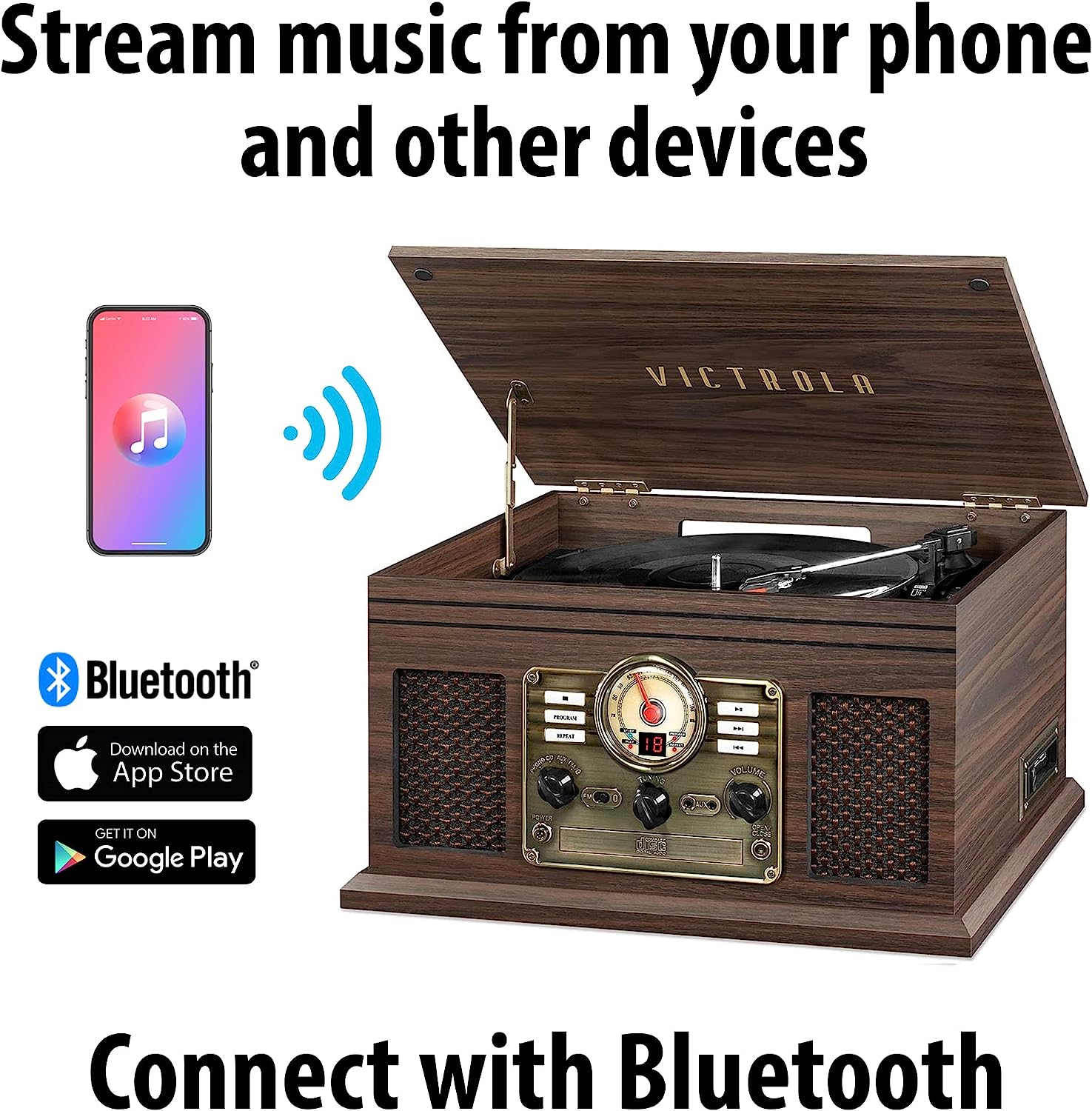 Victrola Nostalgic 6-in-1 Bluetooth Account Player & Multimedia Center with Built-in Speakers - 3-Speed Turntable, CD & Cassette Player, FM Radio | Wireless Music Streaming | Mahogany