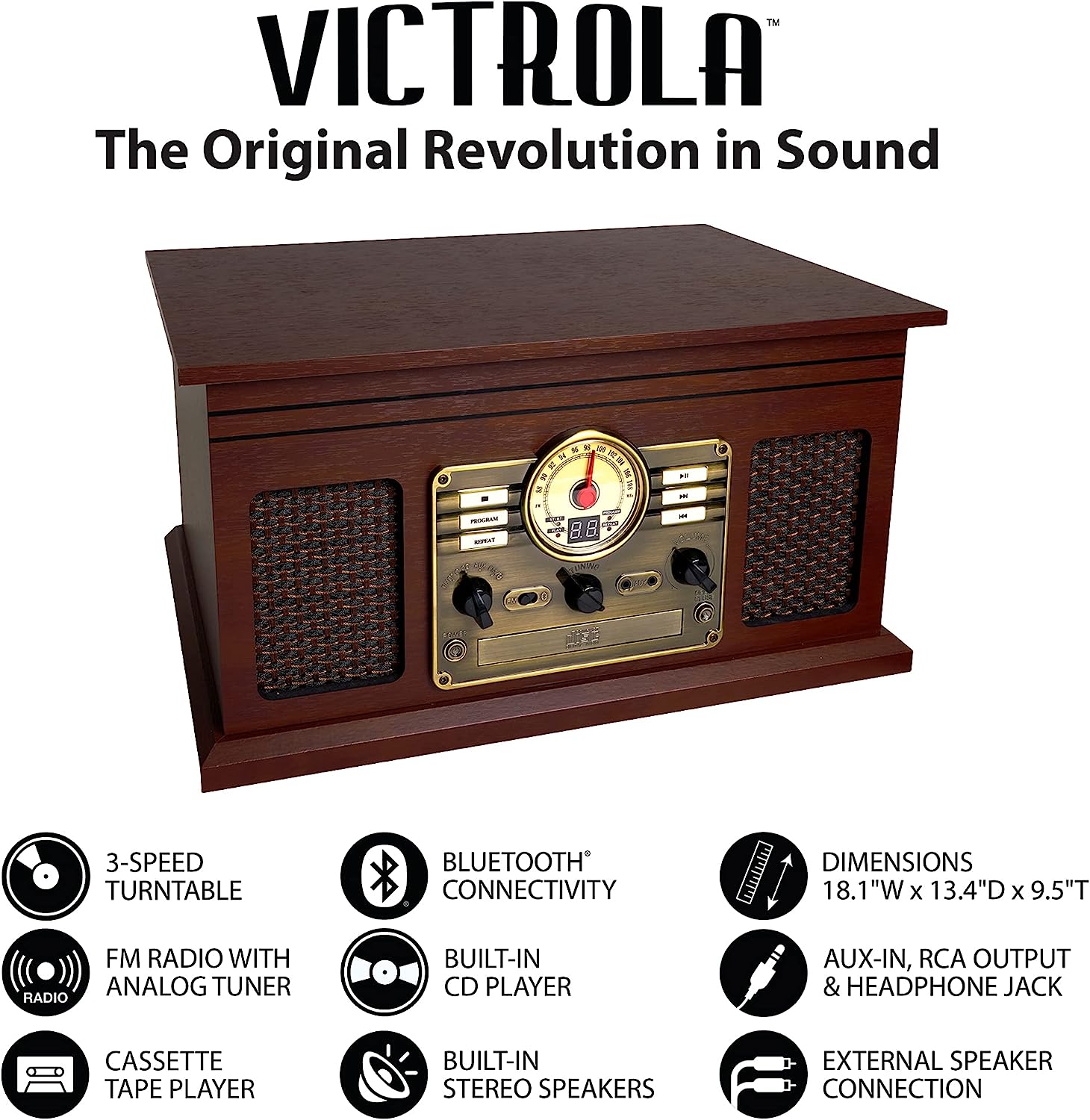 Victrola Nostalgic 6-in-1 Bluetooth Report Player & Multimedia Center with Built-in Speakers - 3-Speed Turntable, CD & Cassette Player, FM Radio | Wireless Music Streaming | Mahogany