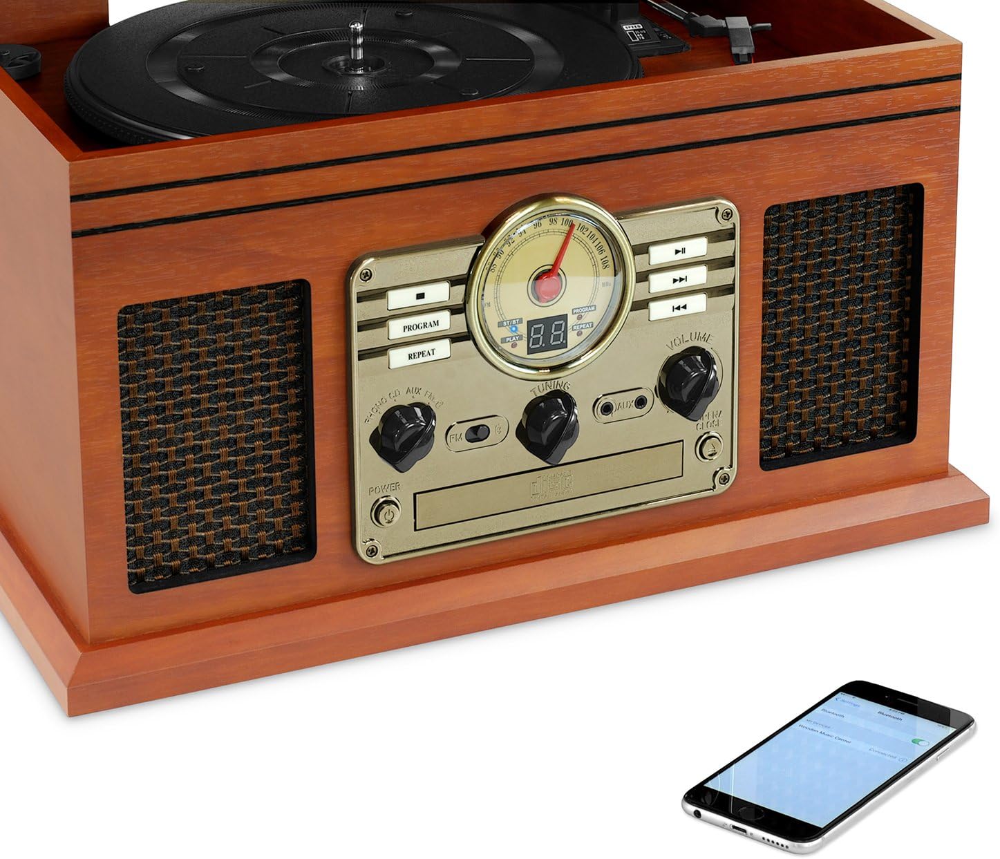 Victrola Nostalgic 6-in-1 Bluetooth Report Player & Multimedia Center with Built-in Speakers - 3-Speed Turntable, CD & Cassette Player, FM Radio | Wireless Music Streaming | Mahogany