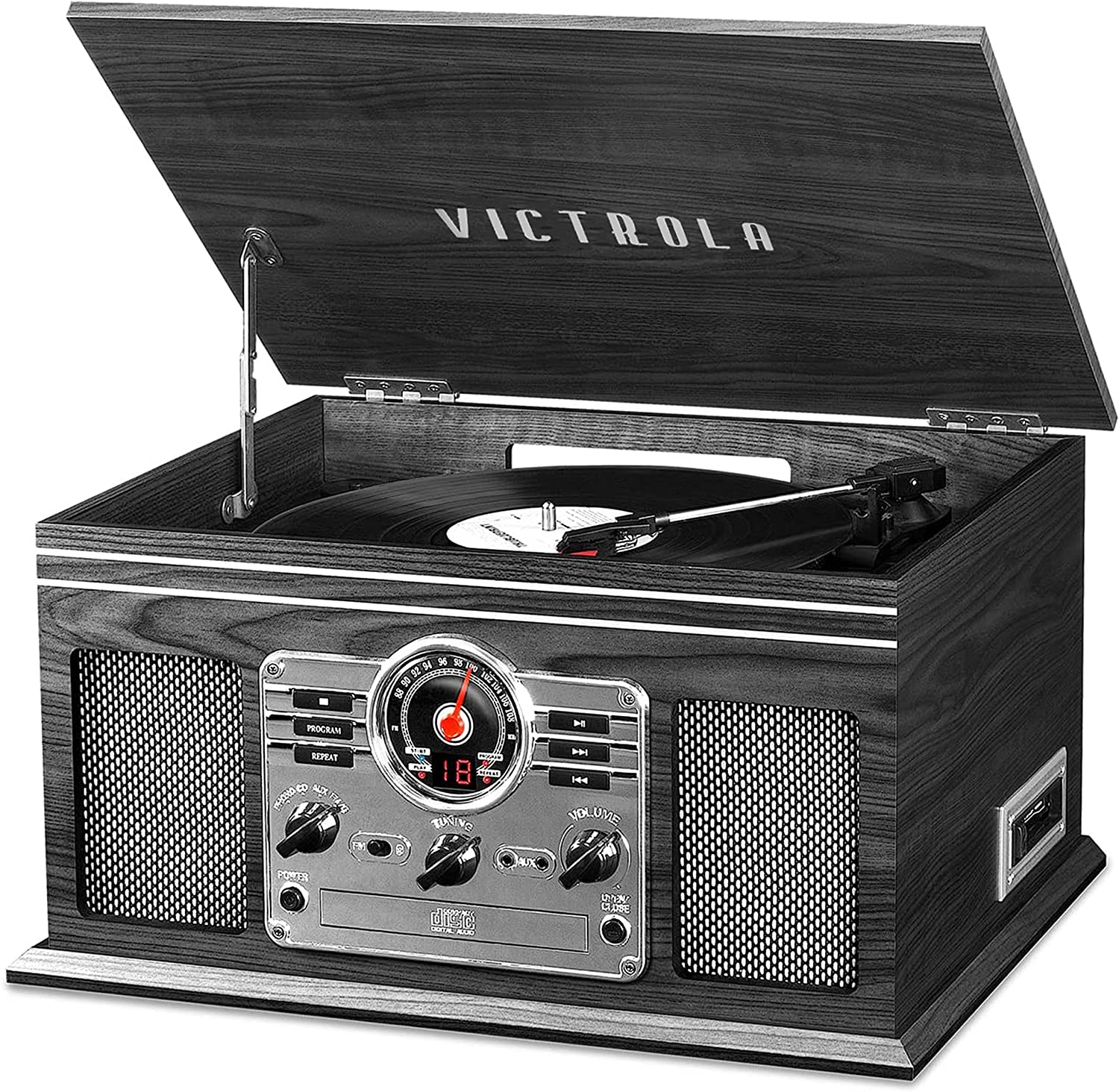 Victrola Nostalgic 6-in-1 Bluetooth Report Player & Multimedia Center with Built-in Speakers - 3-Speed Turntable, CD & Cassette Player, FM Radio | Wireless Music Streaming | Mahogany
