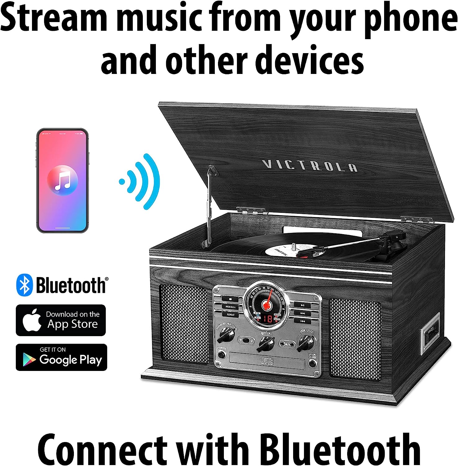 Victrola Nostalgic 6-in-1 Bluetooth Record Player & Multimedia Center with Built-in Speakers - 3-Speed Turntable, CD & Cassette Player, FM Radio | Wireless Music Streaming | Mahogany