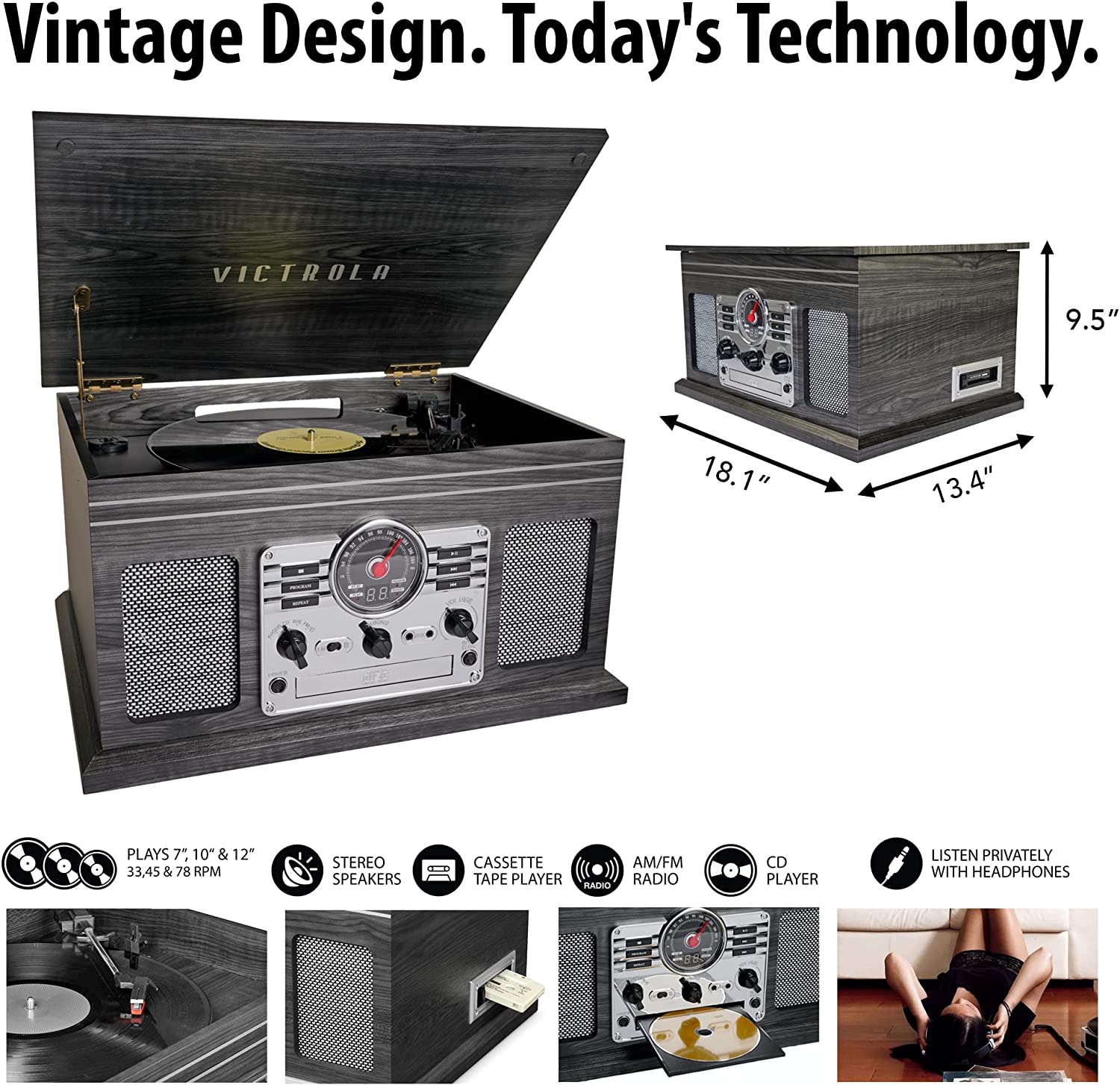 Victrola Nostalgic 6-in-1 Bluetooth Record Player & Multimedia Center with Built-in Speakers - 3-Speed Turntable, CD & Cassette Player, FM Radio | Wireless Music Streaming | Mahogany