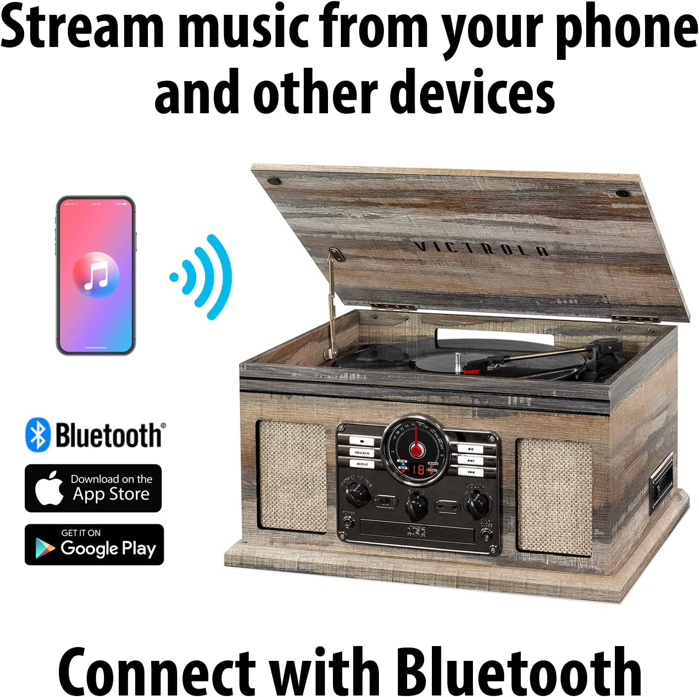 Victrola Nostalgic 6-in-1 Bluetooth Report Player & Multimedia Center with Built-in Speakers - 3-Speed Turntable, CD & Cassette Player, FM Radio | Wireless Music Streaming | Mahogany