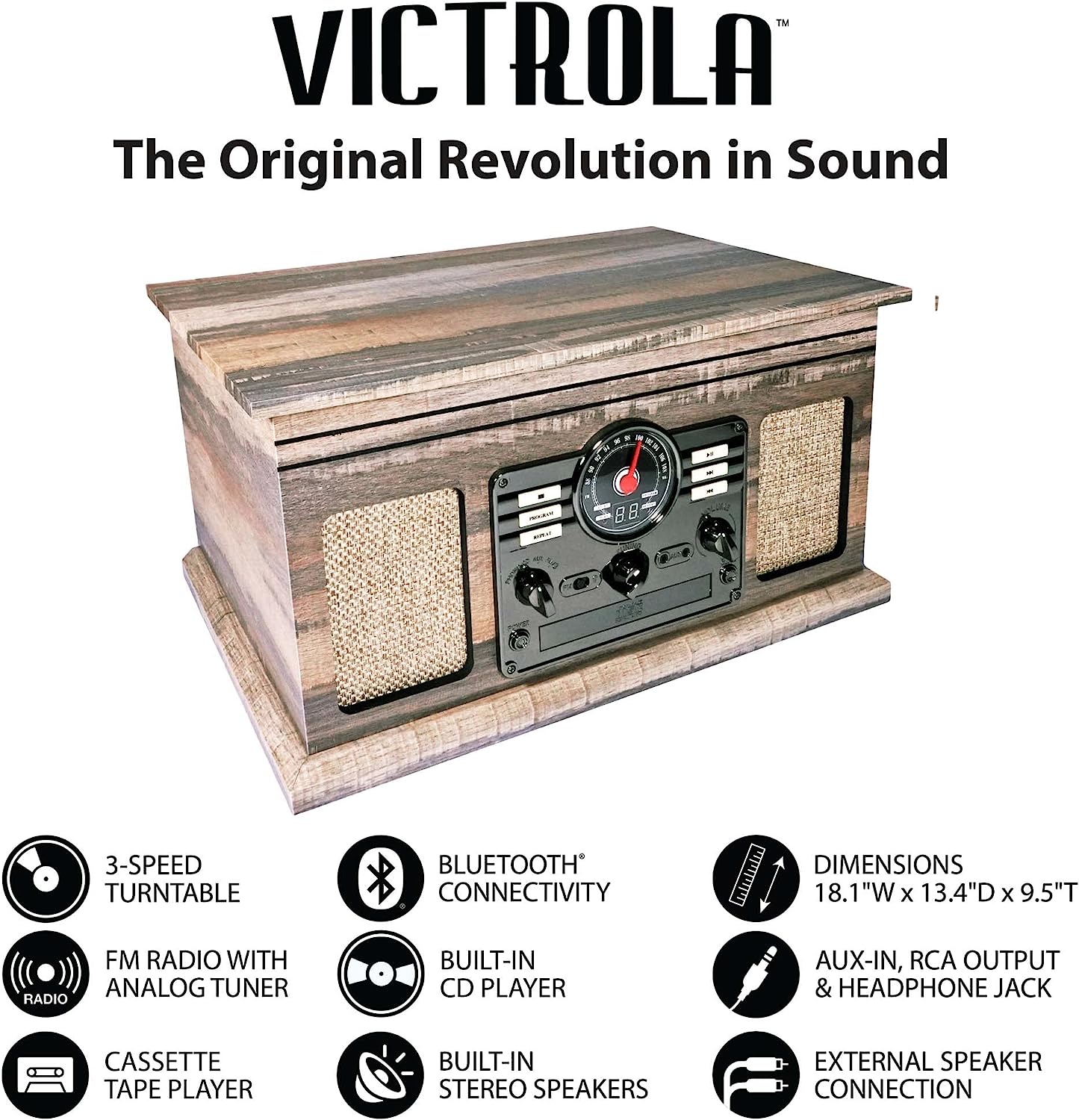 Victrola Nostalgic 6-in-1 Bluetooth Report Player & Multimedia Center with Built-in Speakers - 3-Speed Turntable, CD & Cassette Player, FM Radio | Wireless Music Streaming | Mahogany