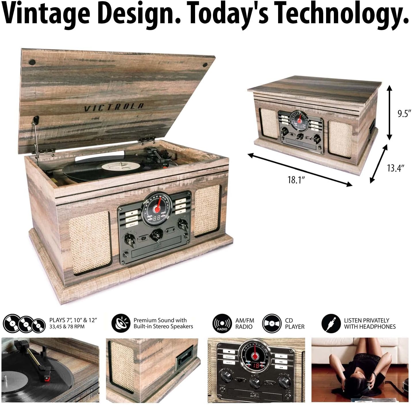 Victrola Nostalgic 6-in-1 Bluetooth Report Player & Multimedia Center with Built-in Speakers - 3-Speed Turntable, CD & Cassette Player, FM Radio | Wireless Music Streaming | Mahogany