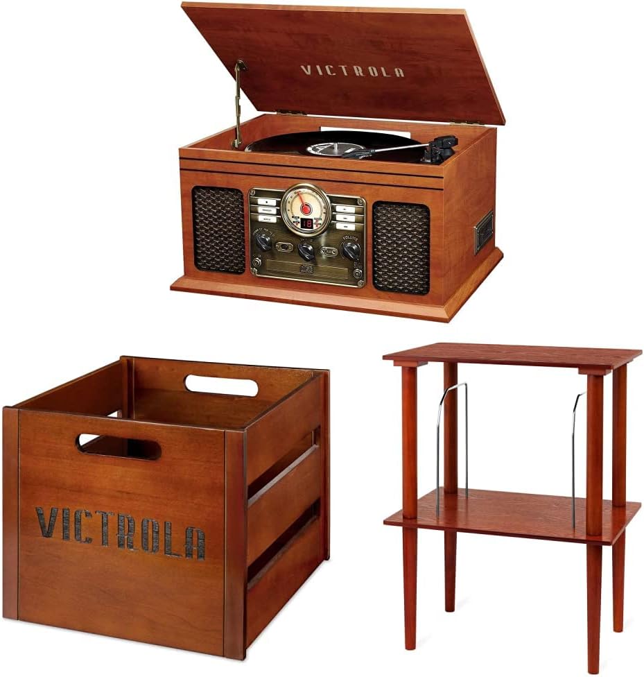 Victrola Nostalgic 6-in-1 Bluetooth Report Player & Multimedia Center with Built-in Speakers - 3-Speed Turntable, CD & Cassette Player, FM Radio | Wireless Music Streaming | Mahogany