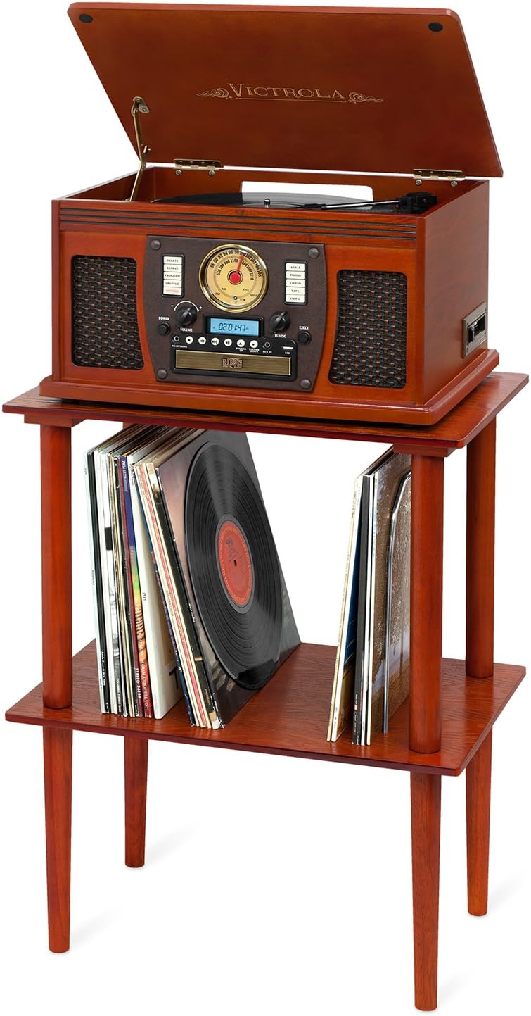 Victrola Nostalgic 6-in-1 Bluetooth Report Player & Multimedia Center with Built-in Speakers - 3-Speed Turntable, CD & Cassette Player, FM Radio | Wireless Music Streaming | Mahogany