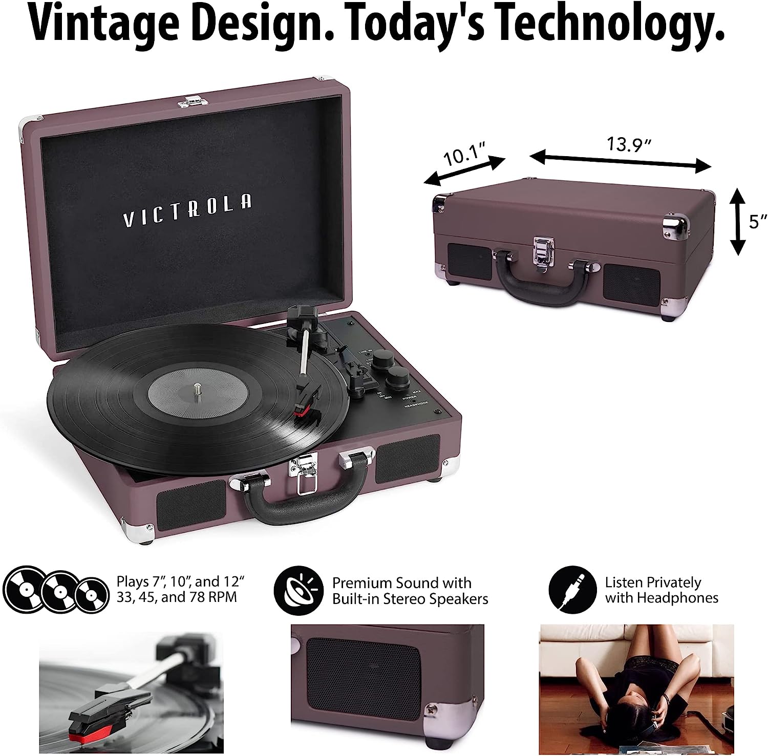 Victrola Vintage 3-Speed Bluetooth Portable Suitcase Account Player with Built-in Speakers | Upgraded Turntable Audio Sound| Includes Extra Stylus | Black, Prototype Number: VSC-550BT-BK, 1SFA