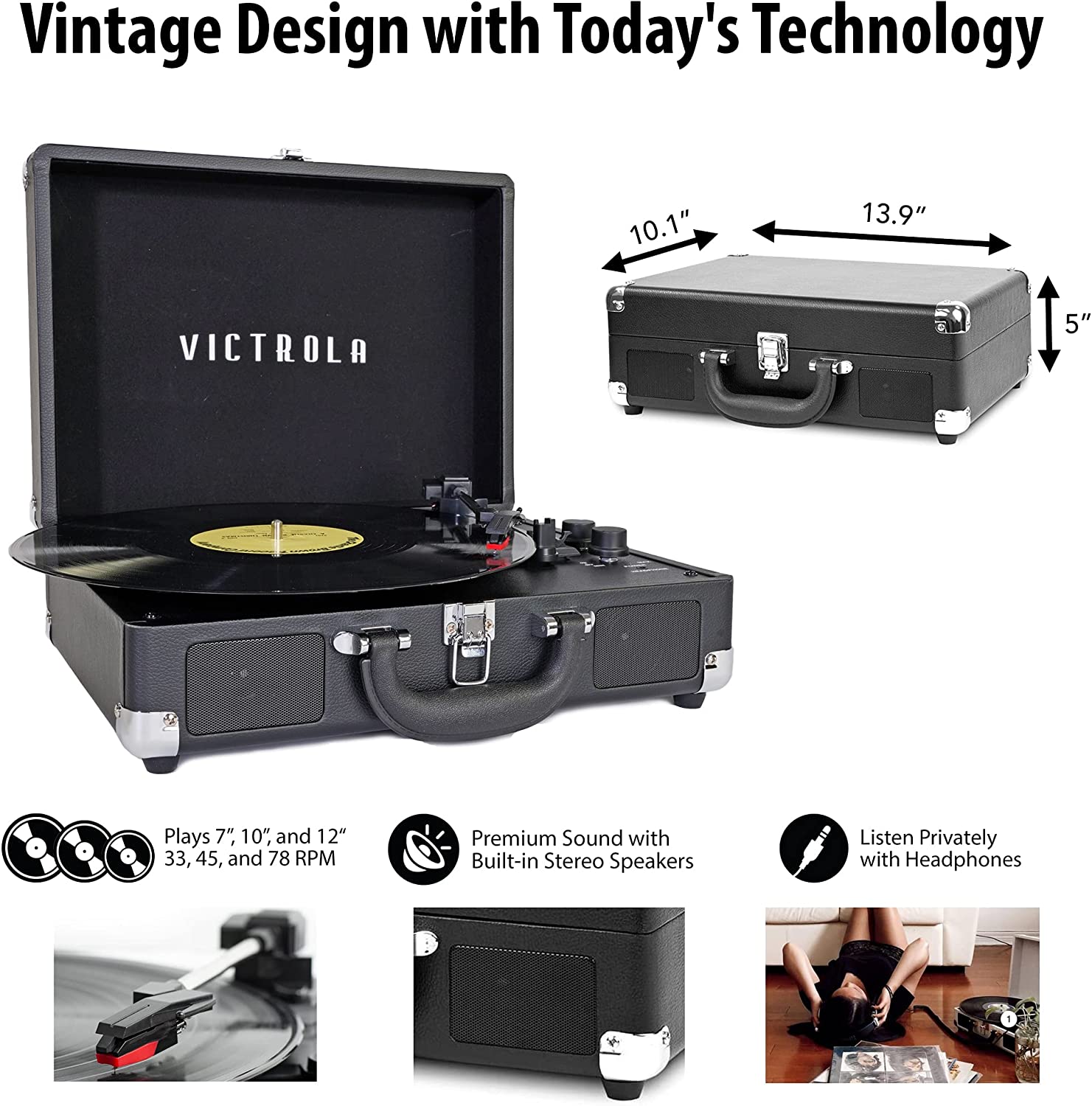 Victrola Vintage 3-Speed Bluetooth Portable Suitcase Account Player with Built-in Speakers | Upgraded Turntable Audio Sound| Includes Extra Stylus | Black, Model Number: VSC-550BT-BK, 1SFA