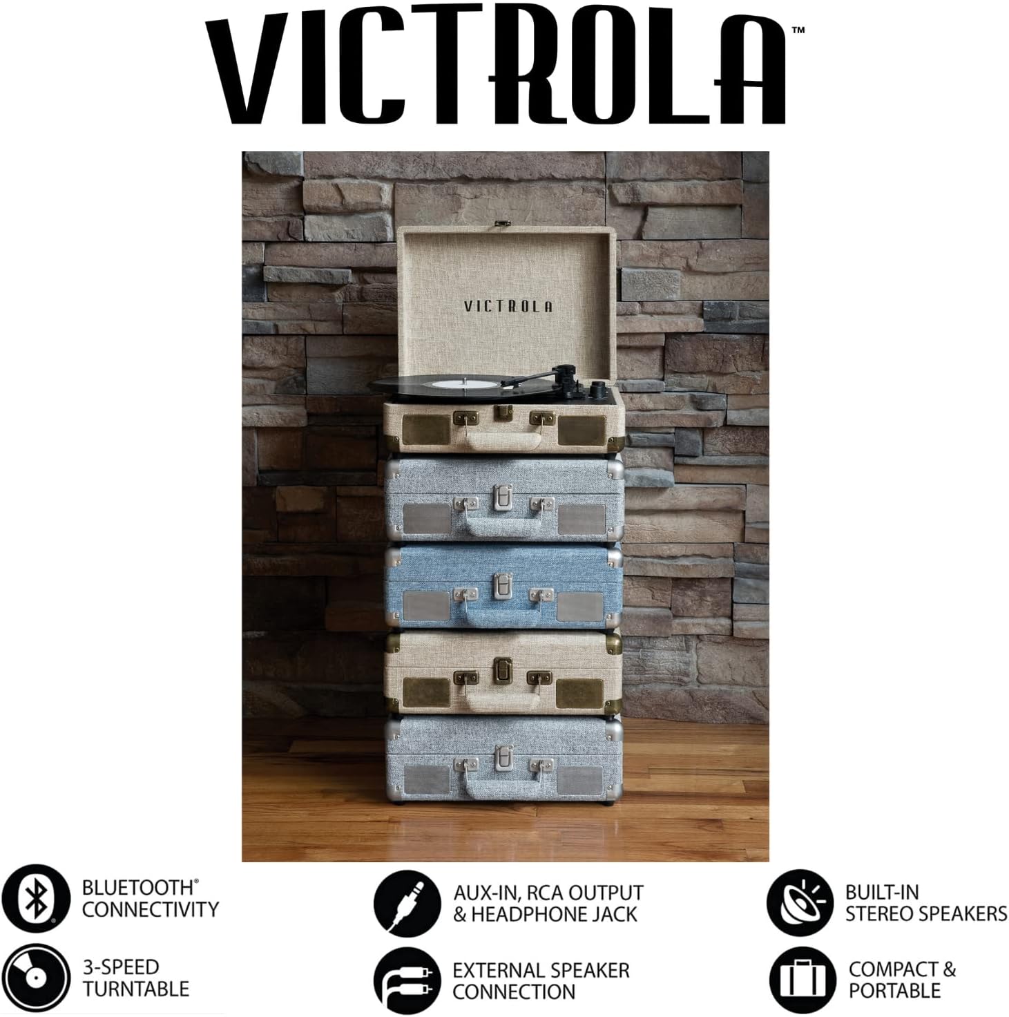 Victrola Vintage 3-Speed Bluetooth Portable Suitcase Record Player with Built-in Speakers | Upgraded Turntable Audio Sound| Includes Extra Stylus | Black, Model Number: VSC-550BT-BK, 1SFA