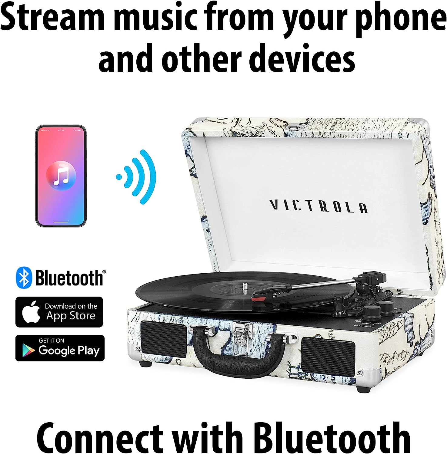 Victrola Vintage 3-Speed Bluetooth Portable Suitcase Report Player with Built-in Speakers | Upgraded Turntable Audio Sound| Includes Extra Stylus | Black, Template Number: VSC-550BT-BK, 1SFA