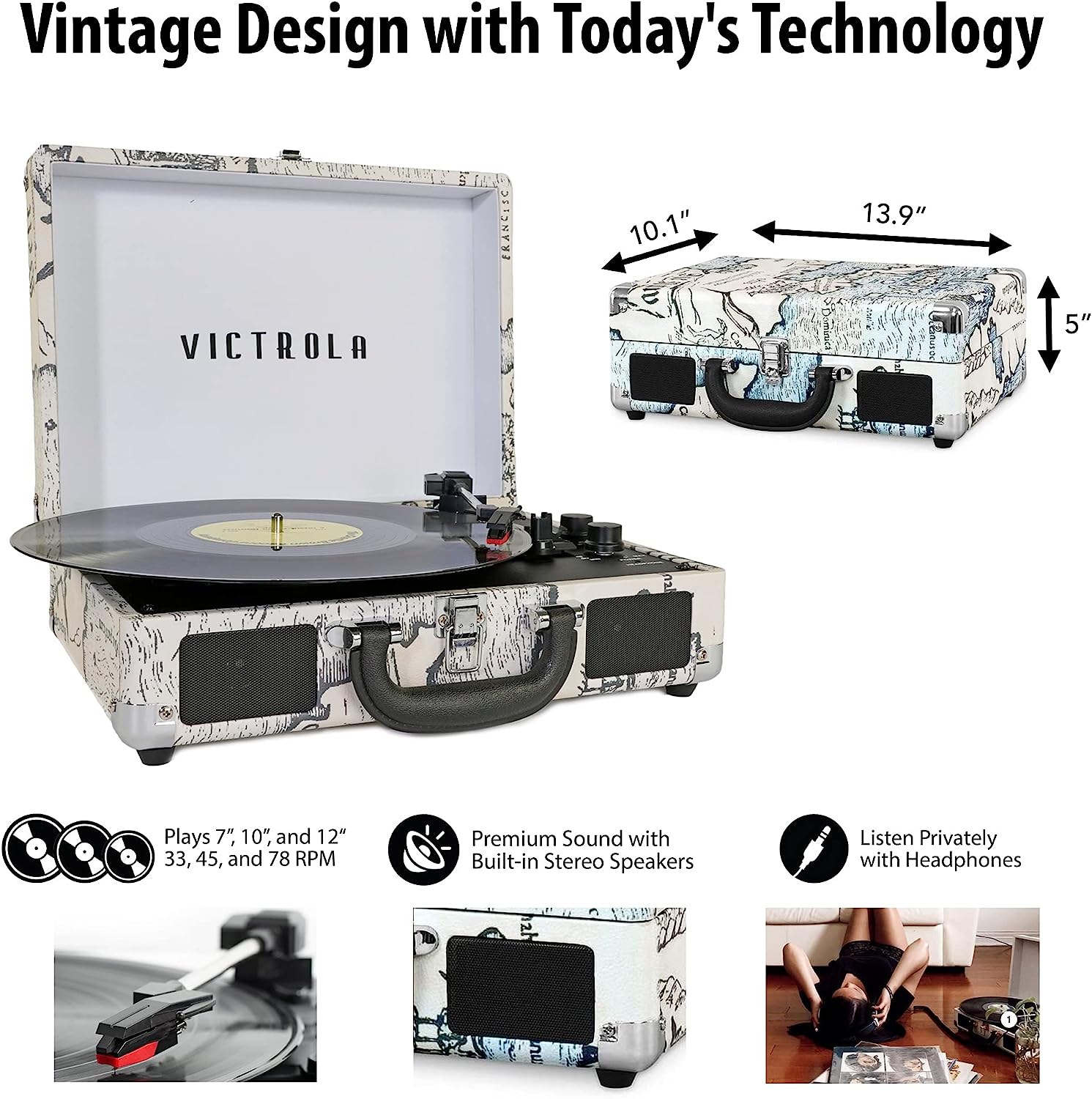 Victrola Vintage 3-Speed Bluetooth Portable Suitcase Record Player with Built-in Speakers | Upgraded Turntable Audio Sound| Includes Extra Stylus | Black, Prototype Number: VSC-550BT-BK, 1SFA