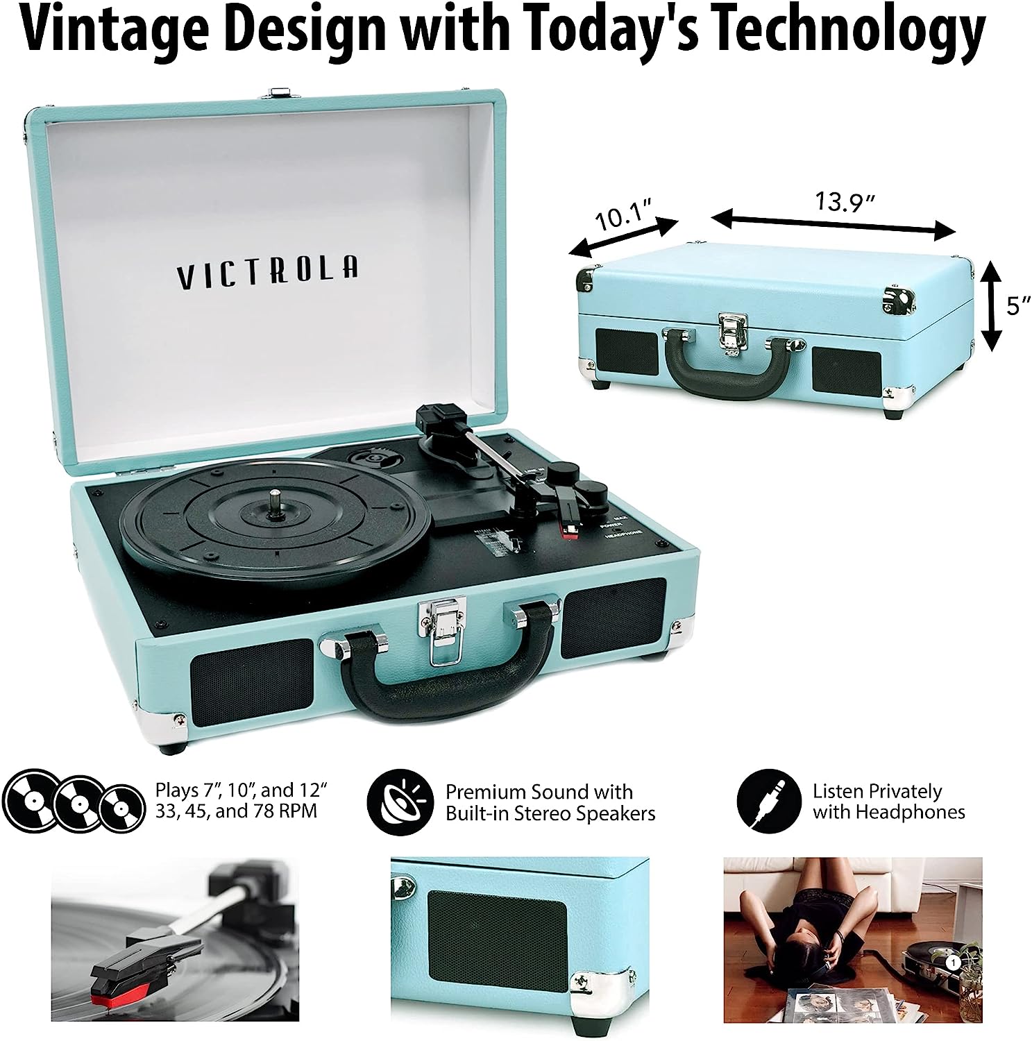 Victrola Vintage 3-Speed Bluetooth Portable Suitcase Account Player with Built-in Speakers | Upgraded Turntable Audio Sound| Includes Extra Stylus | Black, Model Number: VSC-550BT-BK, 1SFA