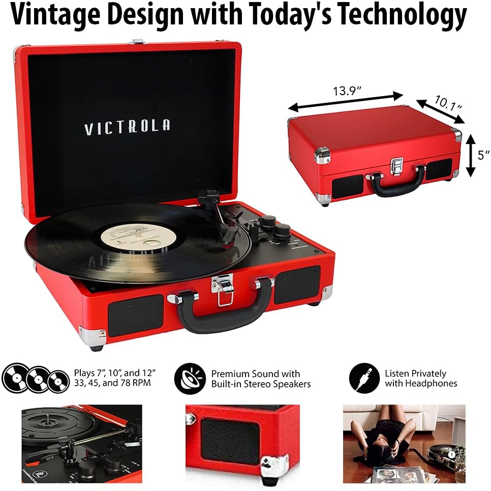 Victrola Vintage 3-Speed Bluetooth Portable Suitcase Account Player with Built-in Speakers | Upgraded Turntable Audio Sound| Includes Extra Stylus | Turquoise, Template Number: VSC-550BT