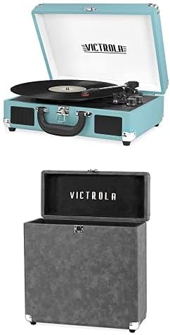 Victrola Vintage 3-Speed Bluetooth Portable Suitcase Report Player with Built-in Speakers | Upgraded Turntable Audio Sound| Includes Extra Stylus | Turquoise, Model Number: VSC-550BT