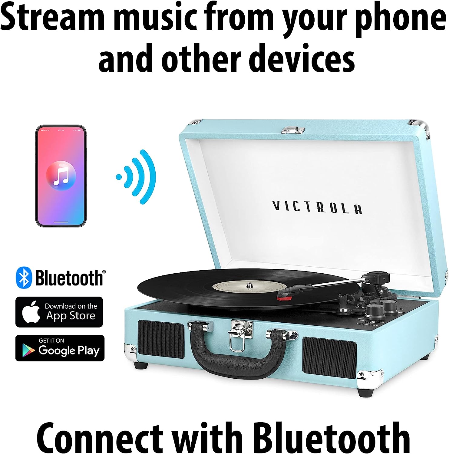 Victrola Vintage 3-Speed Bluetooth Portable Suitcase Record Player with Built-in Speakers | Upgraded Turntable Audio Sound| Includes Extra Stylus | Turquoise, Model Number: VSC-550BT