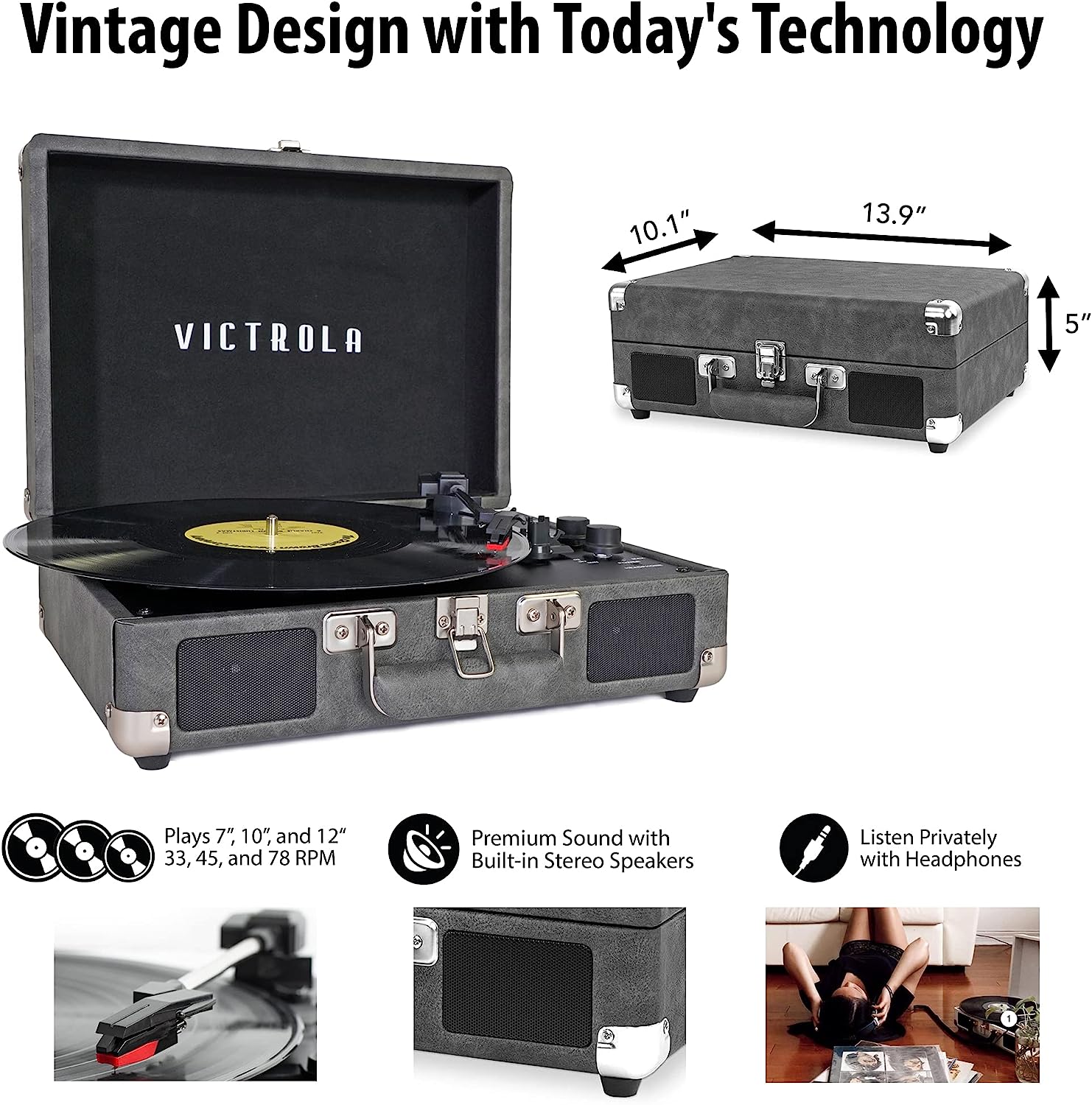 Victrola Vintage 3-Speed Bluetooth Portable Suitcase Report Player with Built-in Speakers | Upgraded Turntable Audio Sound| Includes Extra Stylus | Turquoise, Prototype Number: VSC-550BT