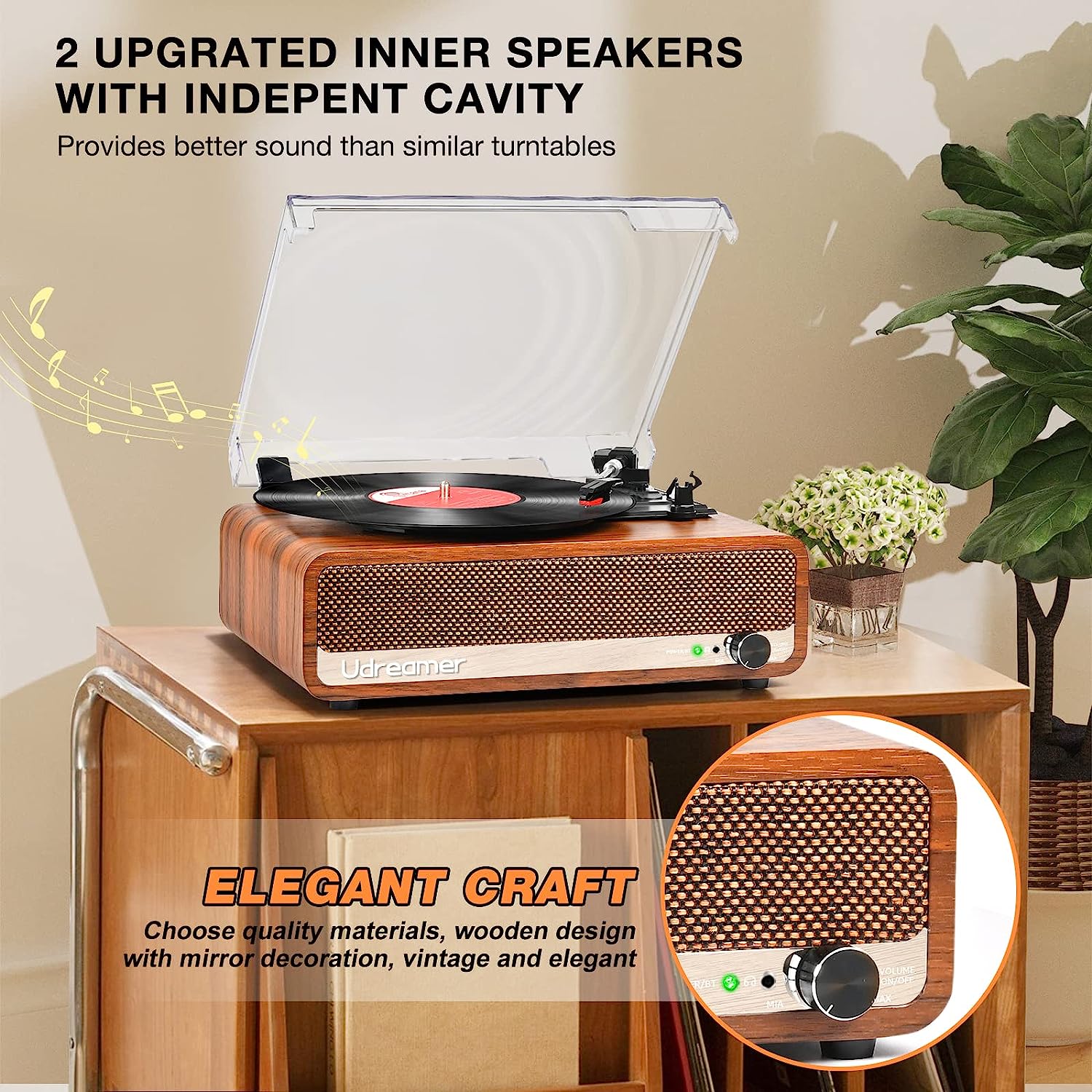 Vinyl Report Player with Upgraded Speakers Needle Pressure Adjustment,Vintage Turntable for Vinyl Records,Portable Vinyl LP Player with 3 Input,RCA Output and Headphone Jack