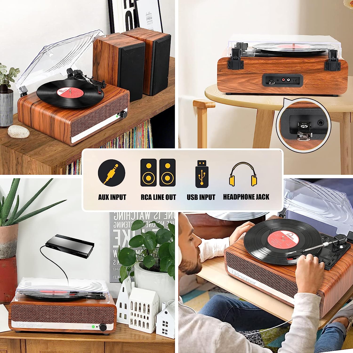 Vinyl Report Player with Upgraded Speakers Needle Pressure Adjustment,Vintage Turntable for Vinyl Records,Portable Vinyl LP Player with 3 Input,RCA Output and Headphone Jack