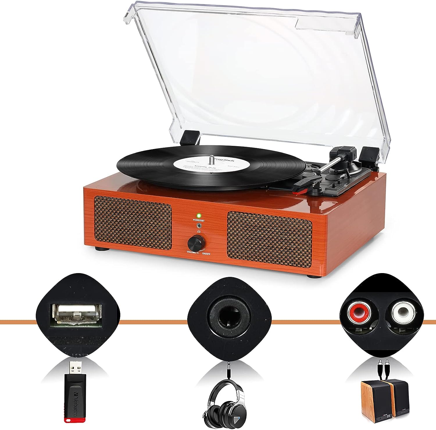 Vinyl Record Player Wireless Turntable with Built-in Speakers and USB Belt-Driven Vintage Phonograph Record Player 3 Speed for Entertainment and Home Decoration
