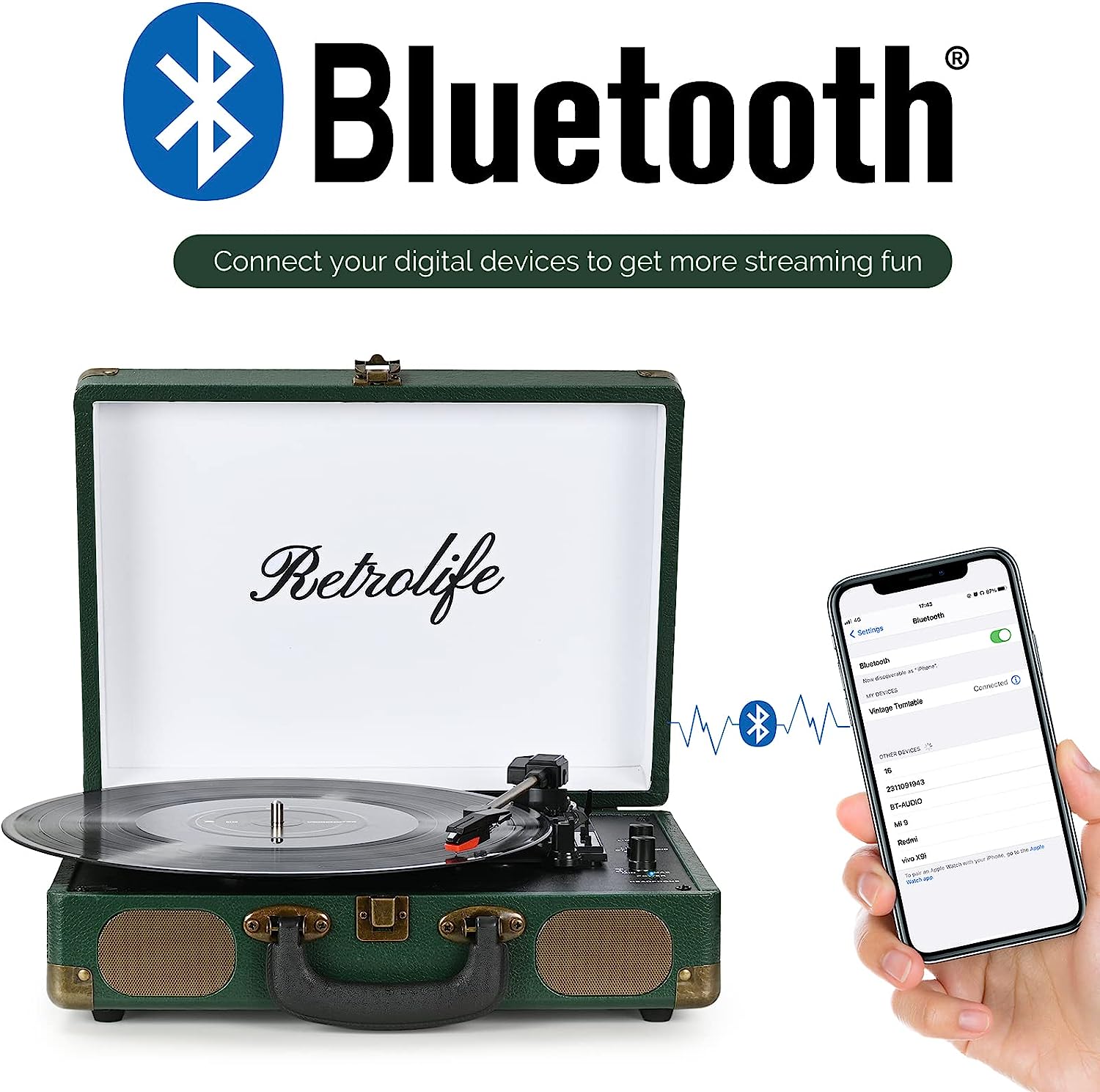 Vinyl Record Player 3-Speed Bluetooth Suitcase Portable Belt-Driven Report Player with Built-in Speakers RCA Line Out AUX in Headphone Jack Vintage Turntable