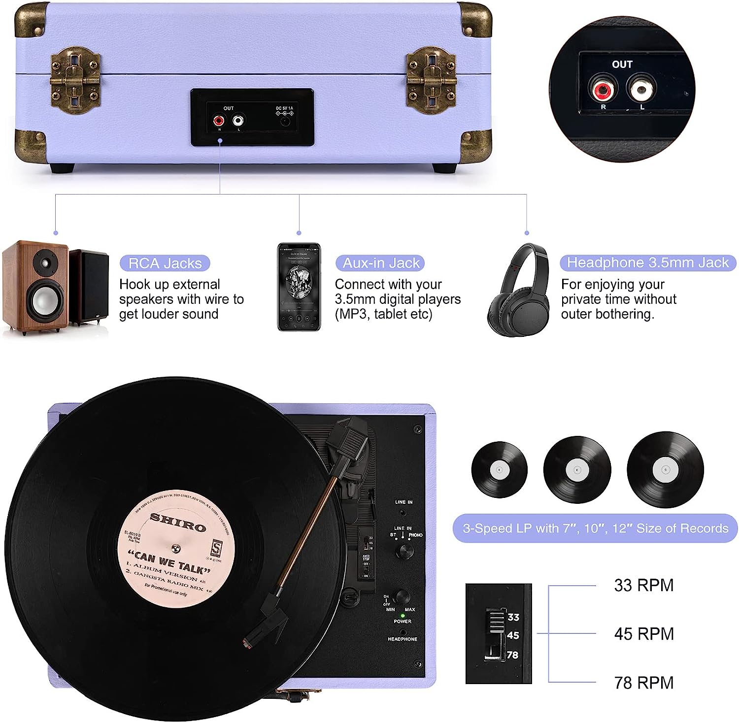 Vinyl Account Player 3-Speed Bluetooth Suitcase Portable Belt-Driven Account Player with Built-in Speakers RCA Line Out AUX in Headphone Jack Vintage Turntable