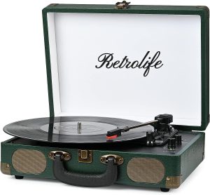 Vinyl Report Player 3-Speed Bluetooth Suitcase Portable Belt-Driven Record Player with Built-in Speakers RCA Line Out AUX in Headphone Jack Vintage Turntable