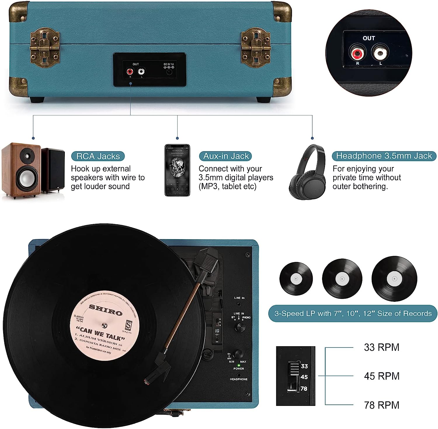 Vinyl Account Player 3-Speed Bluetooth Suitcase Portable Belt-Driven Record Player with Built-in Speakers RCA Line Out AUX in Headphone Jack Vintage Turntable