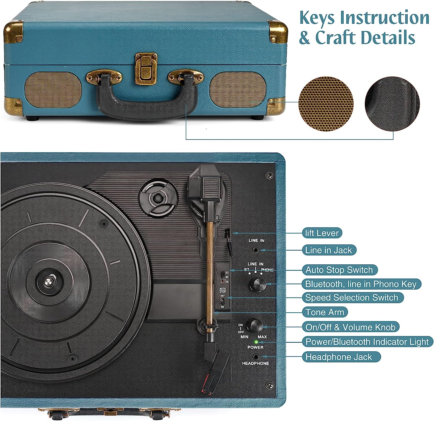 Vinyl Account Player 3-Speed Bluetooth Suitcase Portable Belt-Driven Record Player with Built-in Speakers RCA Line Out AUX in Headphone Jack Vintage Turntable
