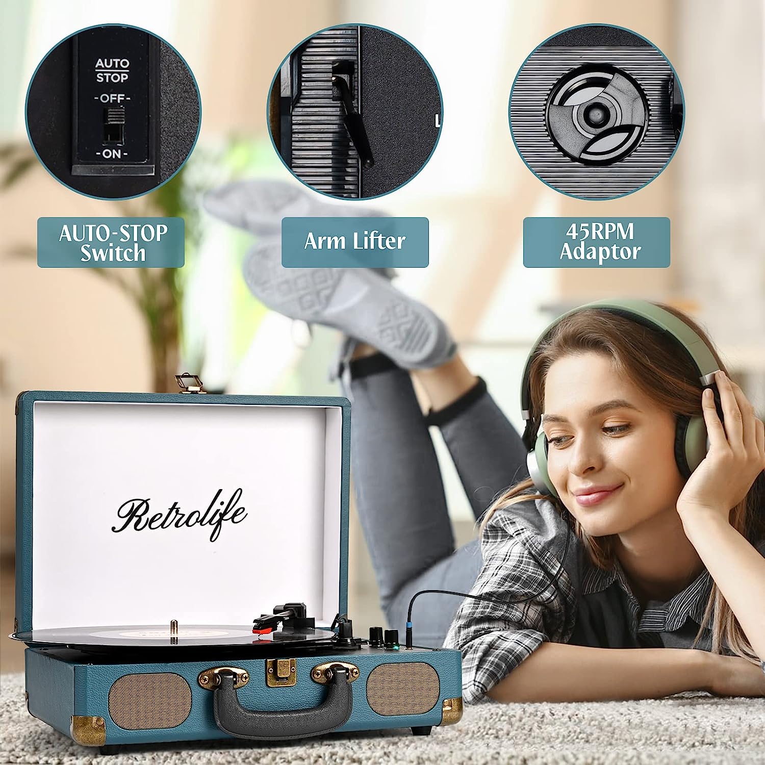 Vinyl Account Player 3-Speed Bluetooth Suitcase Portable Belt-Driven Report Player with Built-in Speakers RCA Line Out AUX in Headphone Jack Vintage Turntable