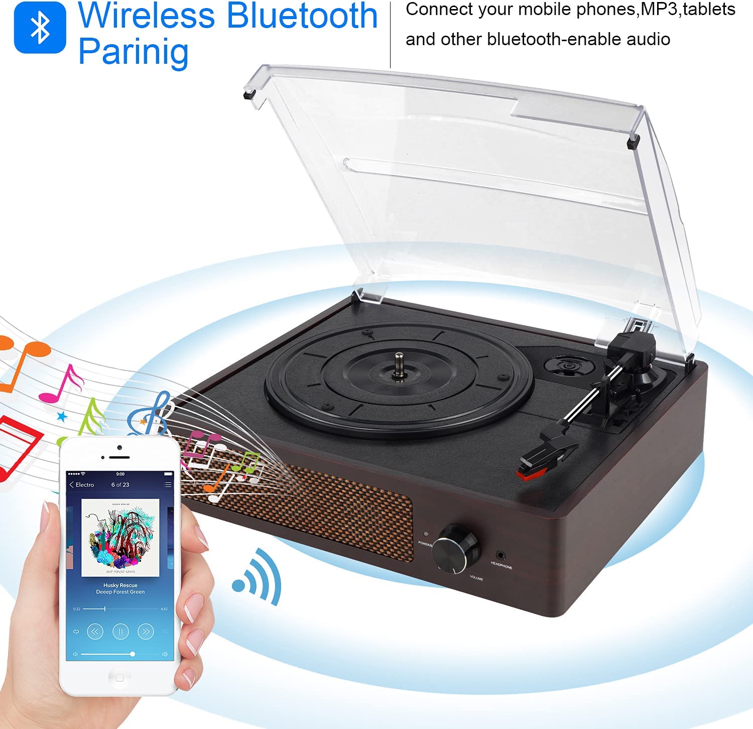 Vinyl Record Player Turntable with Built-in Bluetooth Receiver & 2 Stereo Speakers, 3 Speed 3 Size Portable Retro Report Player for Entertainment and Home Decoration