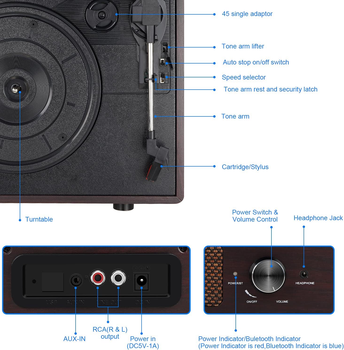 Vinyl Record Player Turntable with Built-in Bluetooth Receiver & 2 Stereo Speakers, 3 Speed 3 Size Portable Retro Account Player for Entertainment and Home Decoration