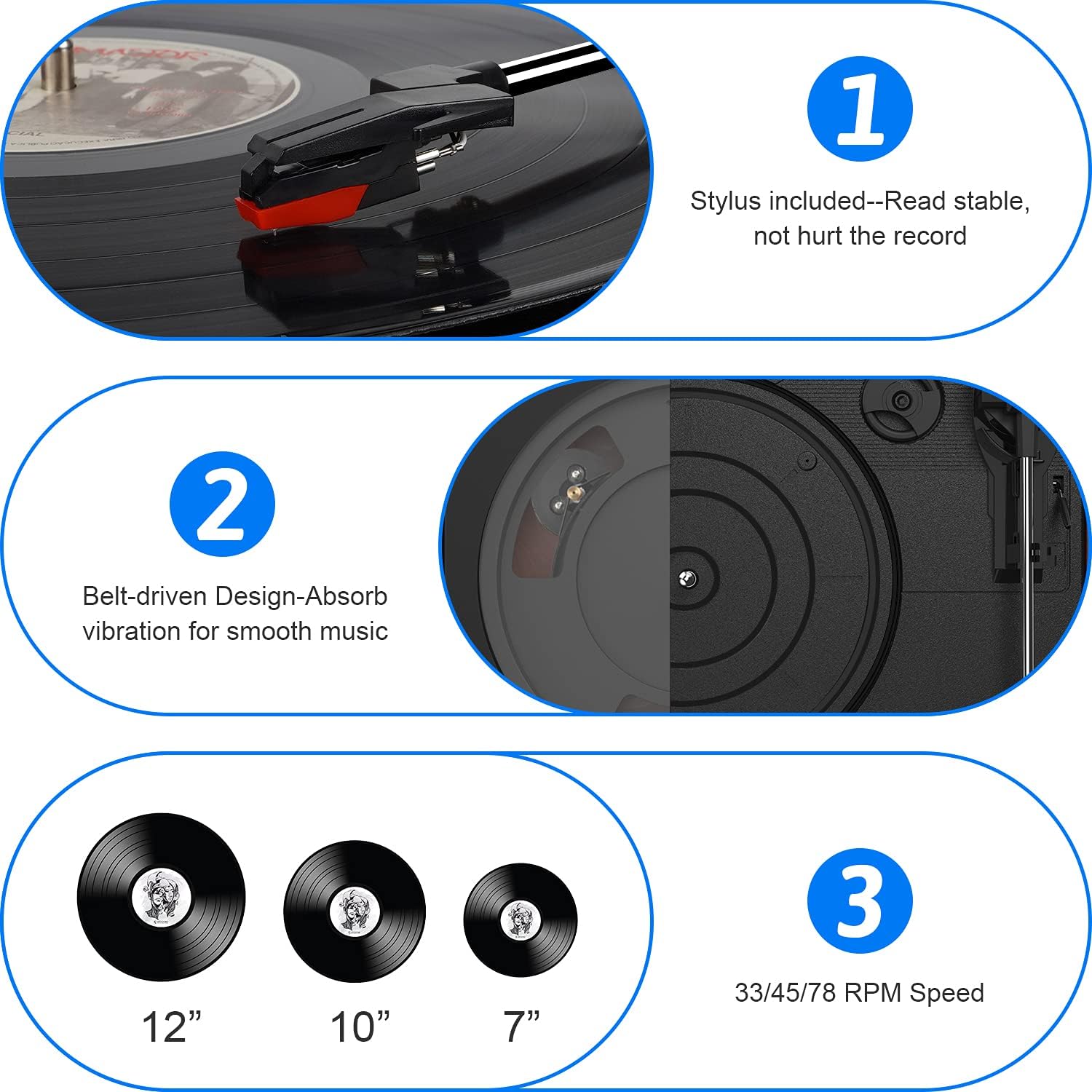 Vinyl Report Player Turntable with Built-in Bluetooth Receiver & 2 Stereo Speakers, 3 Speed 3 Size Portable Retro Report Player for Entertainment and Home Decoration