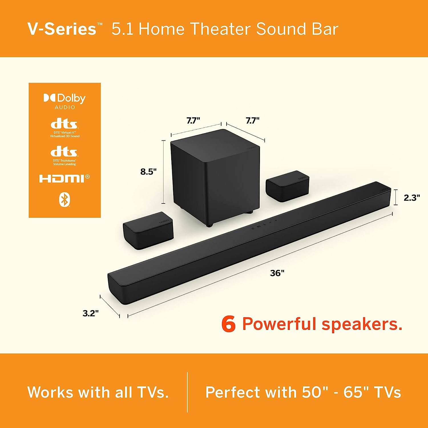 VIZIO V-Series 5.1 Home Theater Sound Bar with Dolby Audio, Bluetooth, Wireless Subwoofer, Voice Assistant Compatible, Includes Remote Control - V51x-J6