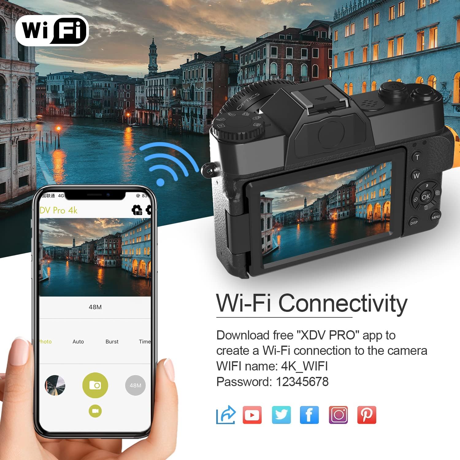 VJIANGER 4K Digital Camera 48MP WiFi Vlogging Camera for YouTube with 180° Flip Screen, 16X Digital Zoom, 52mm Wide Angle & Macro Lens, 2 Batteries, 32GB TF Card(W02 Black4)