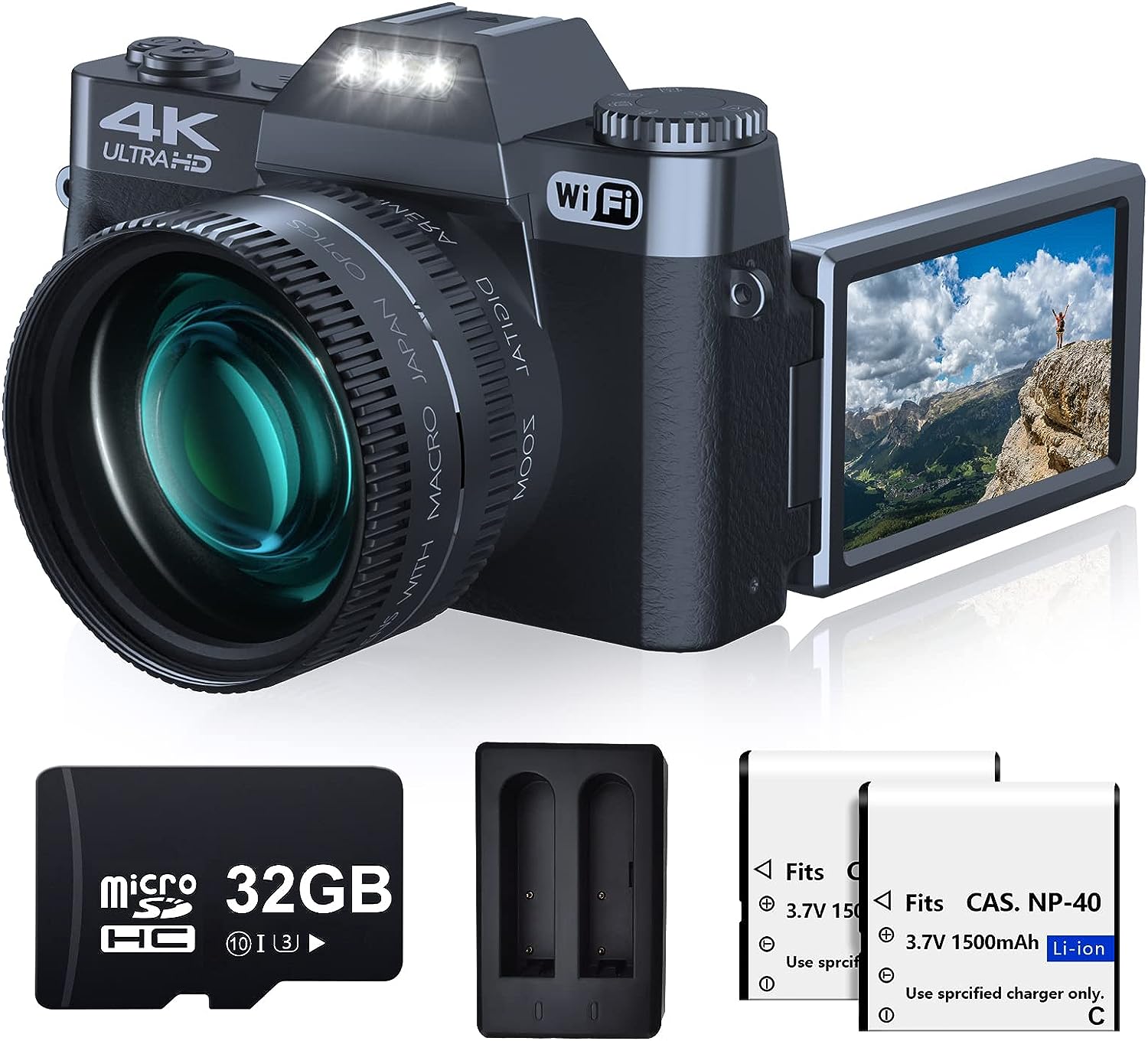 VJIANGER 4K Digital Camera 48MP WiFi Vlogging Camera for YouTube with 180° Flip Screen, 16X Digital Zoom, 52mm Wide Angle & Macro Lens, 2 Batteries, 32GB TF Card(W02 Black4)