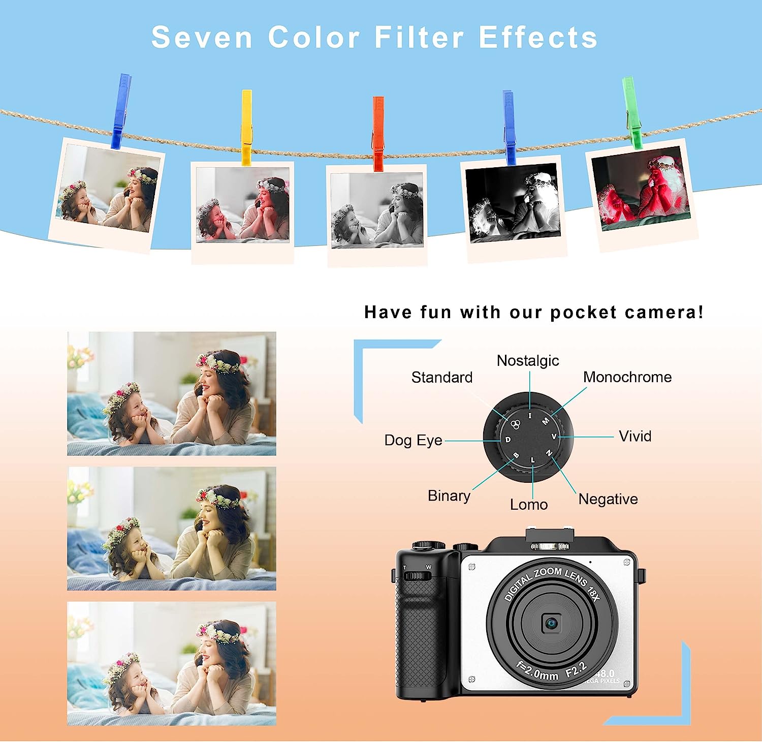 Vlogging Camera, 4K 48MP Digital Camera with WiFi, Free 32G TF Card & Hand Strap, Auto Focus & Anti-Shake, Built-in 7 Color Filters, Face Detect, 3'' IPS Screen, 140°Wide Angle, 18X Digital Zoom AA-20