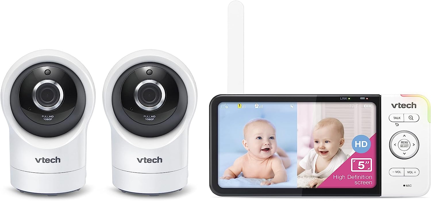 VTech RM5764HD 1080p Smart WiFi Remote Access Baby Monitor, 360° Pan & Tilt, 5″ 720p HD Display, HD Night Vision, Soothing Sounds, 2-Way Talk, Temperature Sensor, Motion Detection, iOS & Android