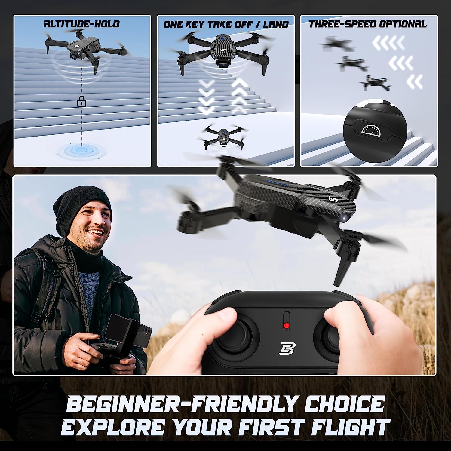 BEZGAR BD101 Drone with 1080P Camera for Adults and Kids - Foldable FPV Remote Control Drone with Gestures Selfie, Auto Hover, One Key Start/Land, 3D Flips, 2 Batteries, Toys Gifts for Boys Girls