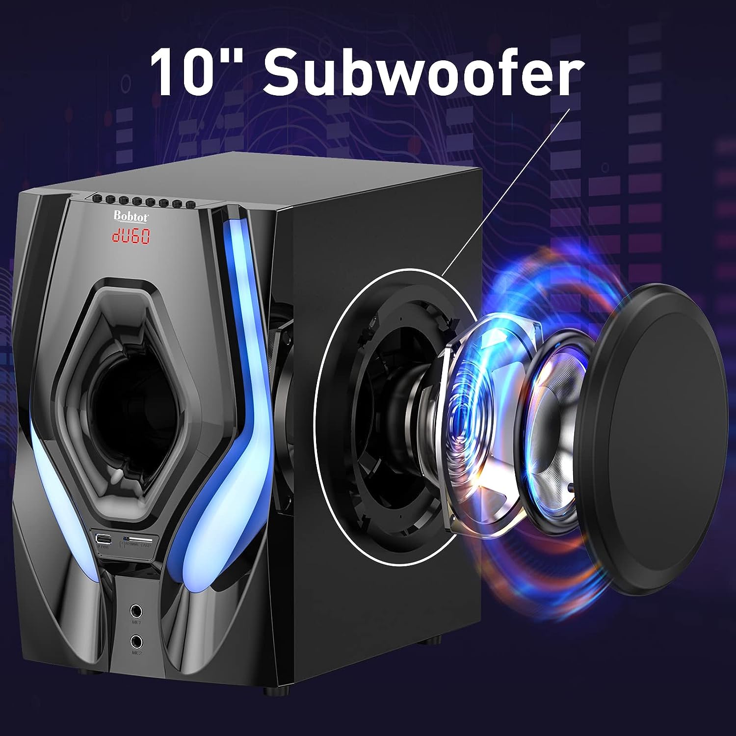 Bobtot 5.1 Surround Sound Speakers Home Theater System - 10 inch Subwoofer 1200W 5.1/2.1 Channel Stereo Bluetooth Input Home Audio System for 4K TV Ultra HD AV DVD FM Radio USB with LED Display