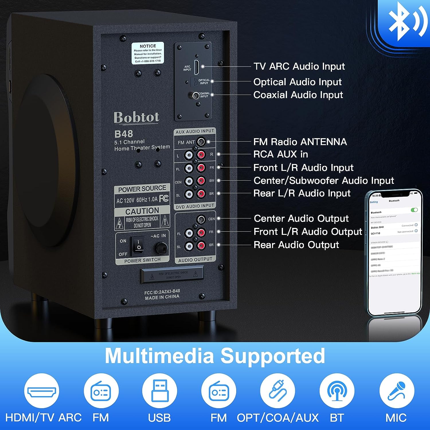 Bobtot Surround Sound Speakers Home Theater Systems - 700 Watts Peak Power 5.1/2.1 Stereo Bluetooth Speaker System 5.25