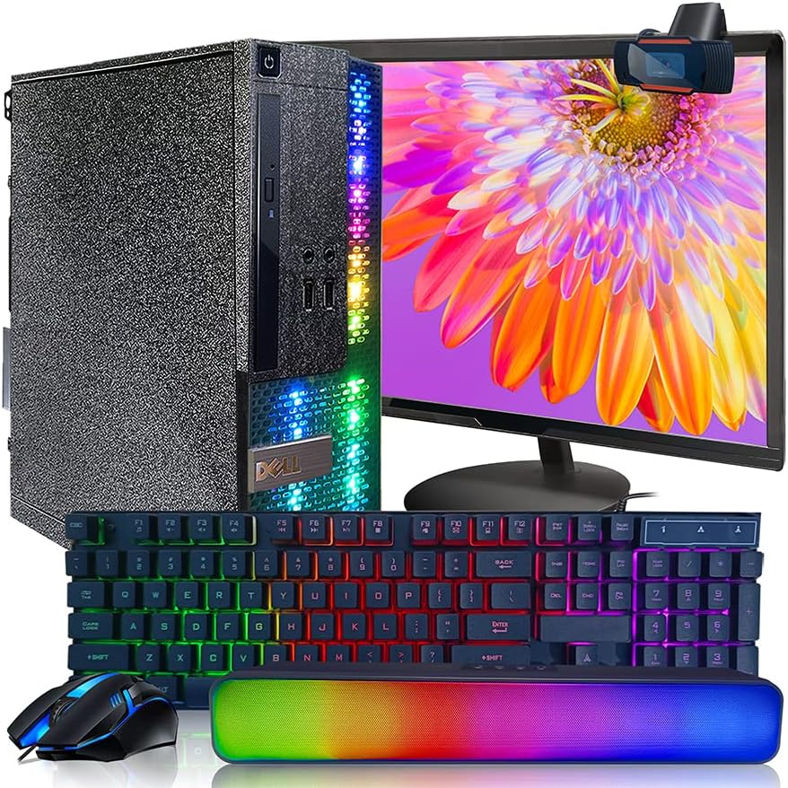 Dell OptiPlex RGB Desktop Computer PC, Intel Core i7 up to 3.8GHz, 16G RAM, 512G SSD, New 22 inch FHD LED Monitor, RGB Keyboard and Mouse, RGB BT Sound Bar, Webcam, WiFi, BT 5.0, W10P64 (Renewed)