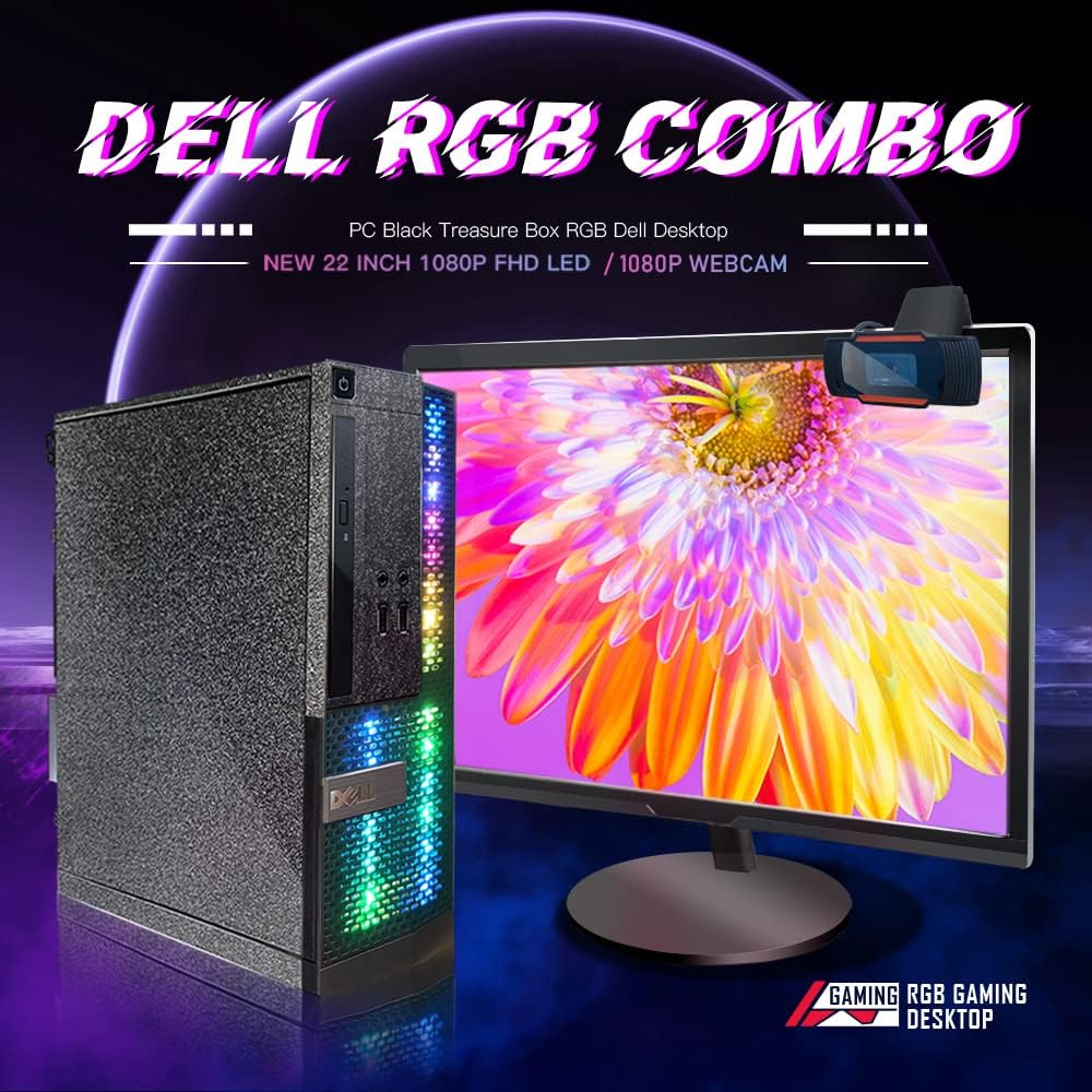 Dell OptiPlex RGB Desktop Computer PC, Intel Core i7 up to 3.8GHz, 16G RAM, 512G SSD, New 22 inch FHD LED Monitor, RGB Keyboard and Mouse, RGB BT Sound Bar, Webcam, WiFi, BT 5.0, W10P64 (Renewed)