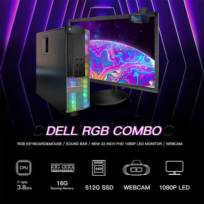 Dell OptiPlex RGB Desktop Computer PC, Intel Core i7 up to 3.8GHz, 16G RAM, 512G SSD, New 22 inch FHD LED Monitor, RGB Keyboard and Mouse, RGB BT Sound Bar, Webcam, WiFi, BT 5.0, W10P64 (Renewed)