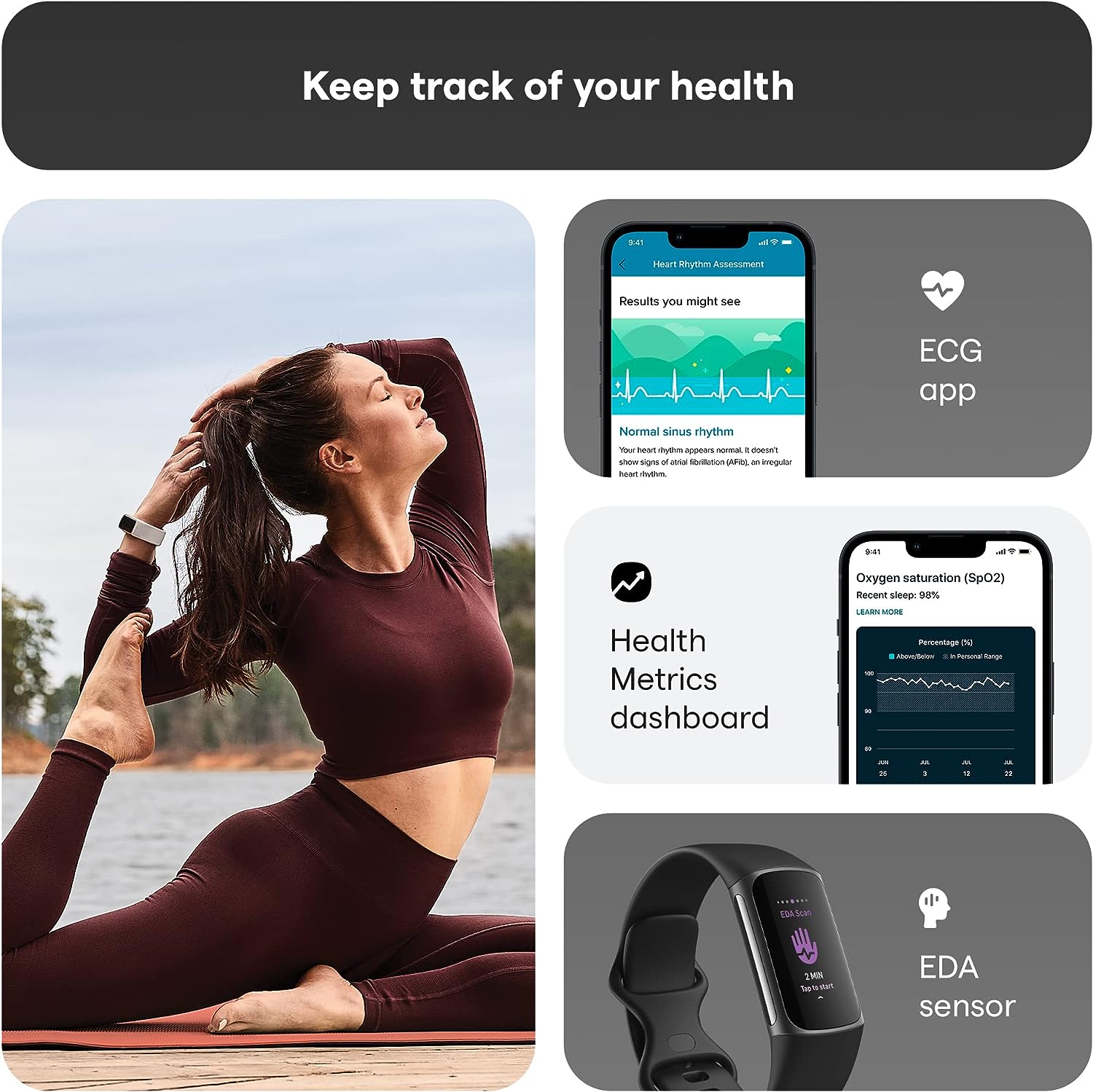 Fitbit Charge 5 Advanced Health & Fitness Tracker with Built-in GPS, Stress Management Tools, Sleep Tracking, 24/7 Heart Rate and More, Black/Graphite, One Size (S &L Bands Included)