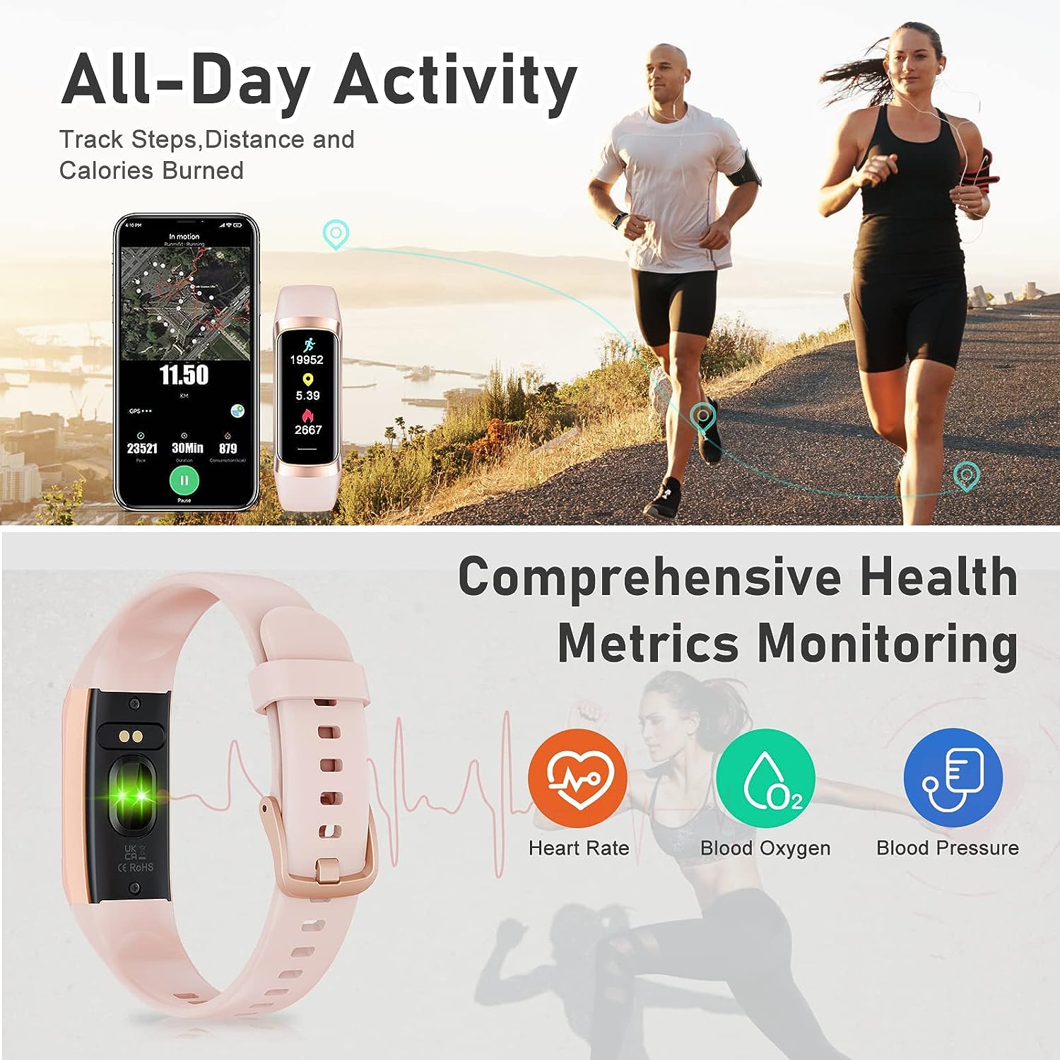 Fitness Tracker with Step Counter/Calories/Stopwatch, Activity Tracker, Health Tracker with Heart Rate Monitor, Sleep Tracker,1.10''AMOLED Touch Color Screen, Pedometer Watch for Women Men Kids