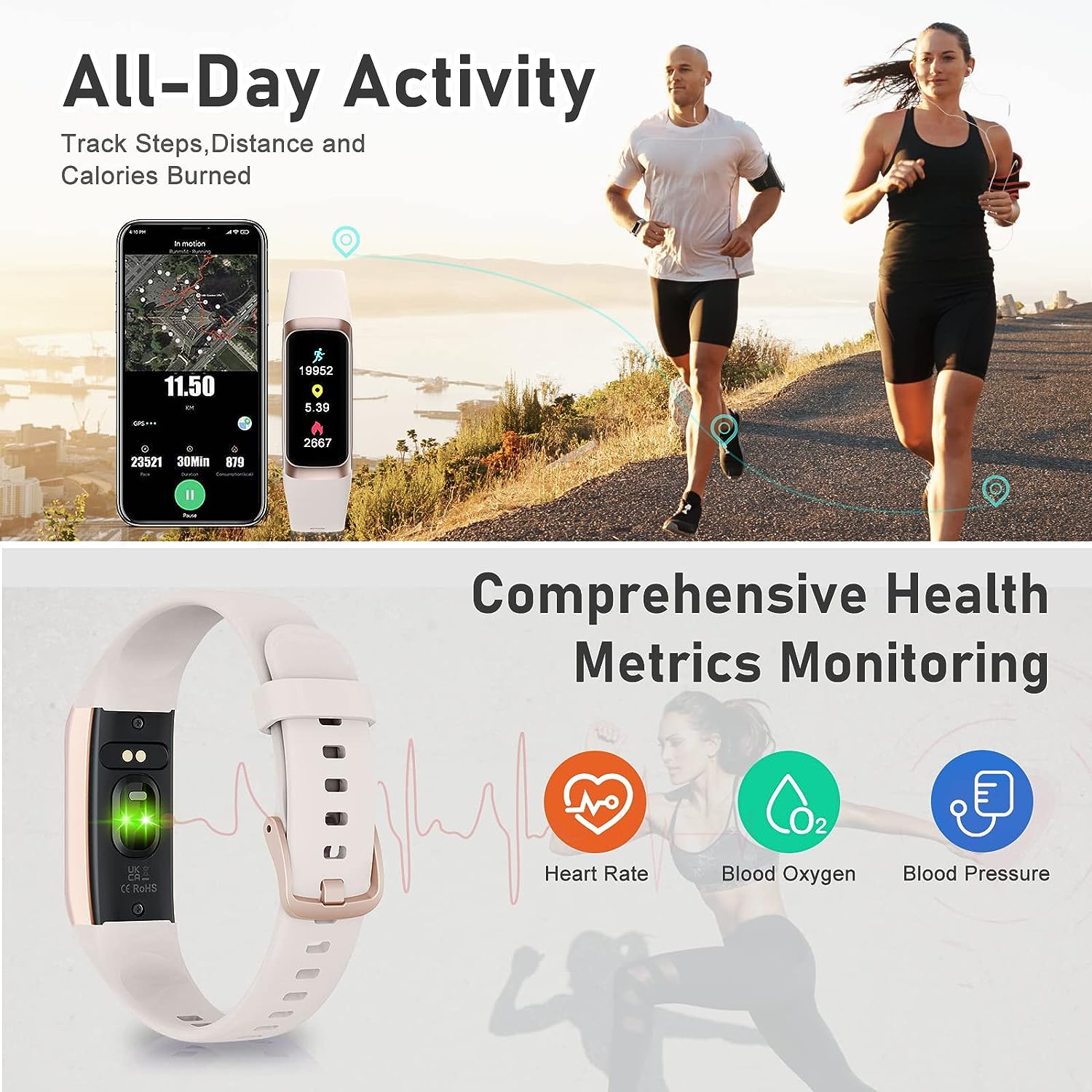 Fitness Tracker with Step Counter/Calories/Stopwatch, Activity Tracker, Health Tracker with Heart Rate Monitor, Sleep Tracker,1.10''AMOLED Touch Color Screen, Pedometer Watch for Women Men Kids