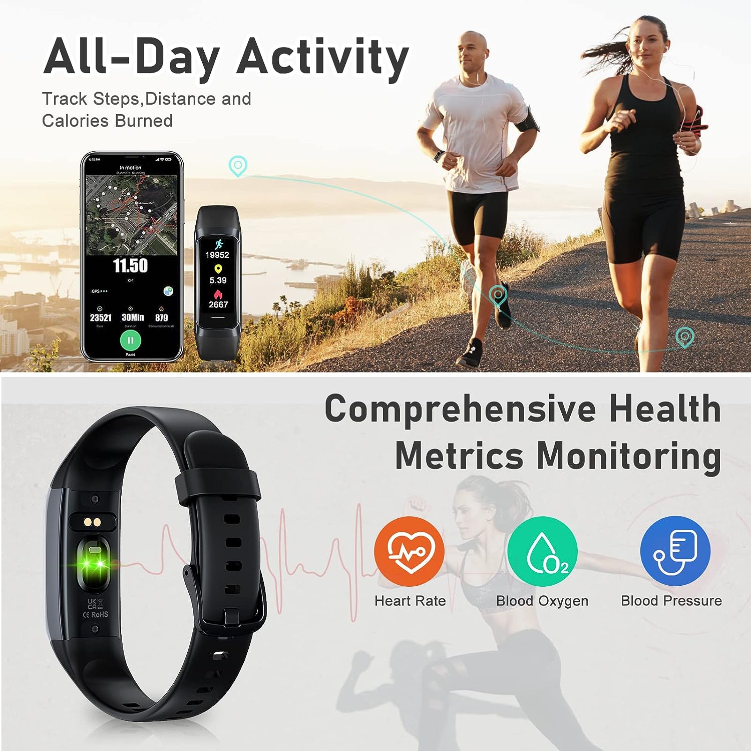 Fitness Tracker with Step Counter/Calories/Stopwatch, Activity Tracker, Health Tracker with Heart Rate Monitor, Sleep Tracker,1.10''AMOLED Touch Color Screen, Pedometer Watch for Women Men Kids